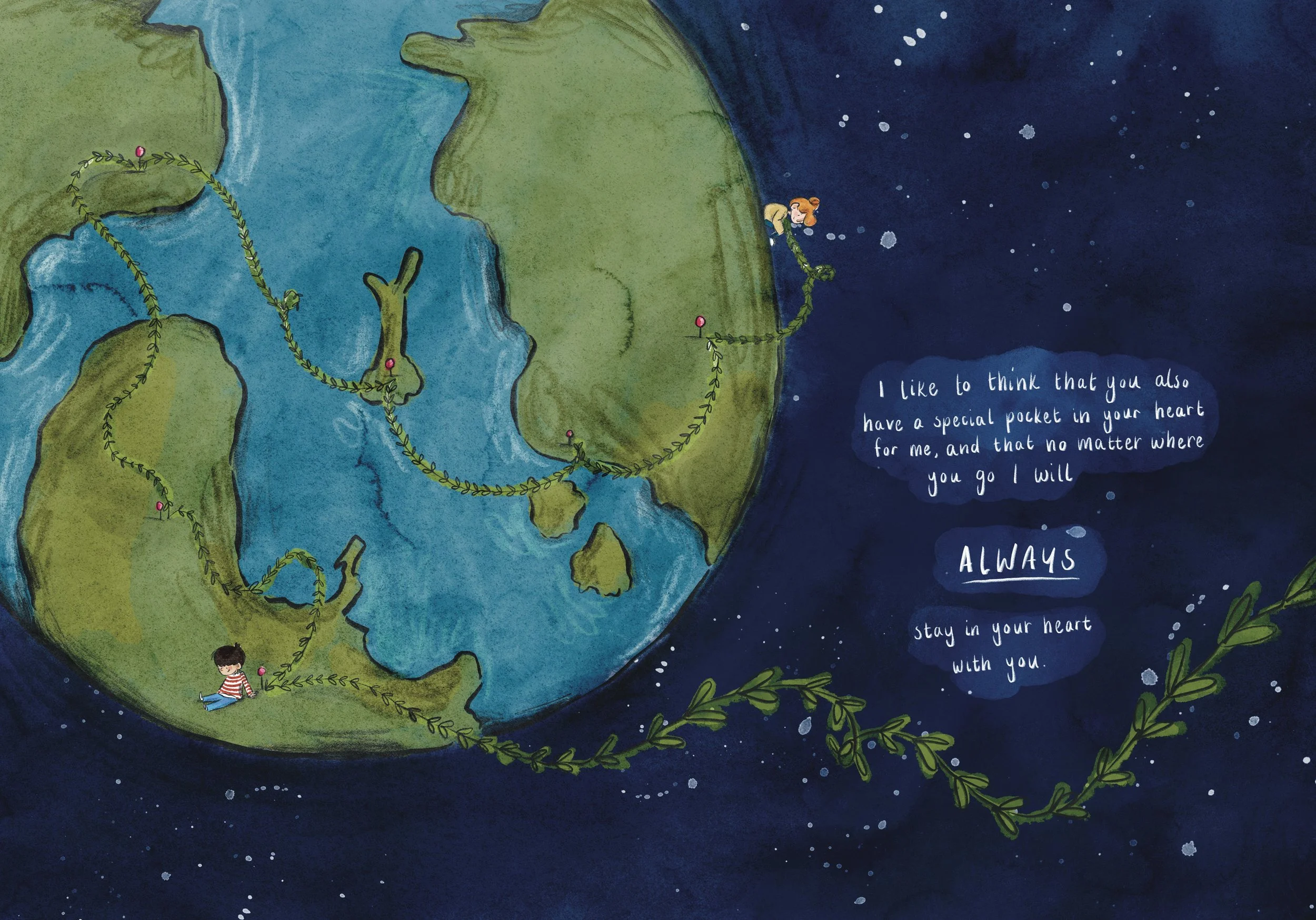 Illustration of Earth with children and green vines connecting across the globe, set in space. Includes a handwritten message about love and keeping love in your heart.