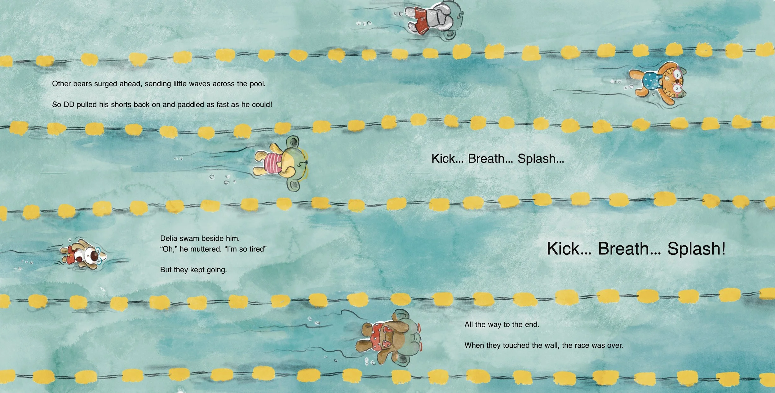 worms eye view of teddy bears swimming in a swimming pool