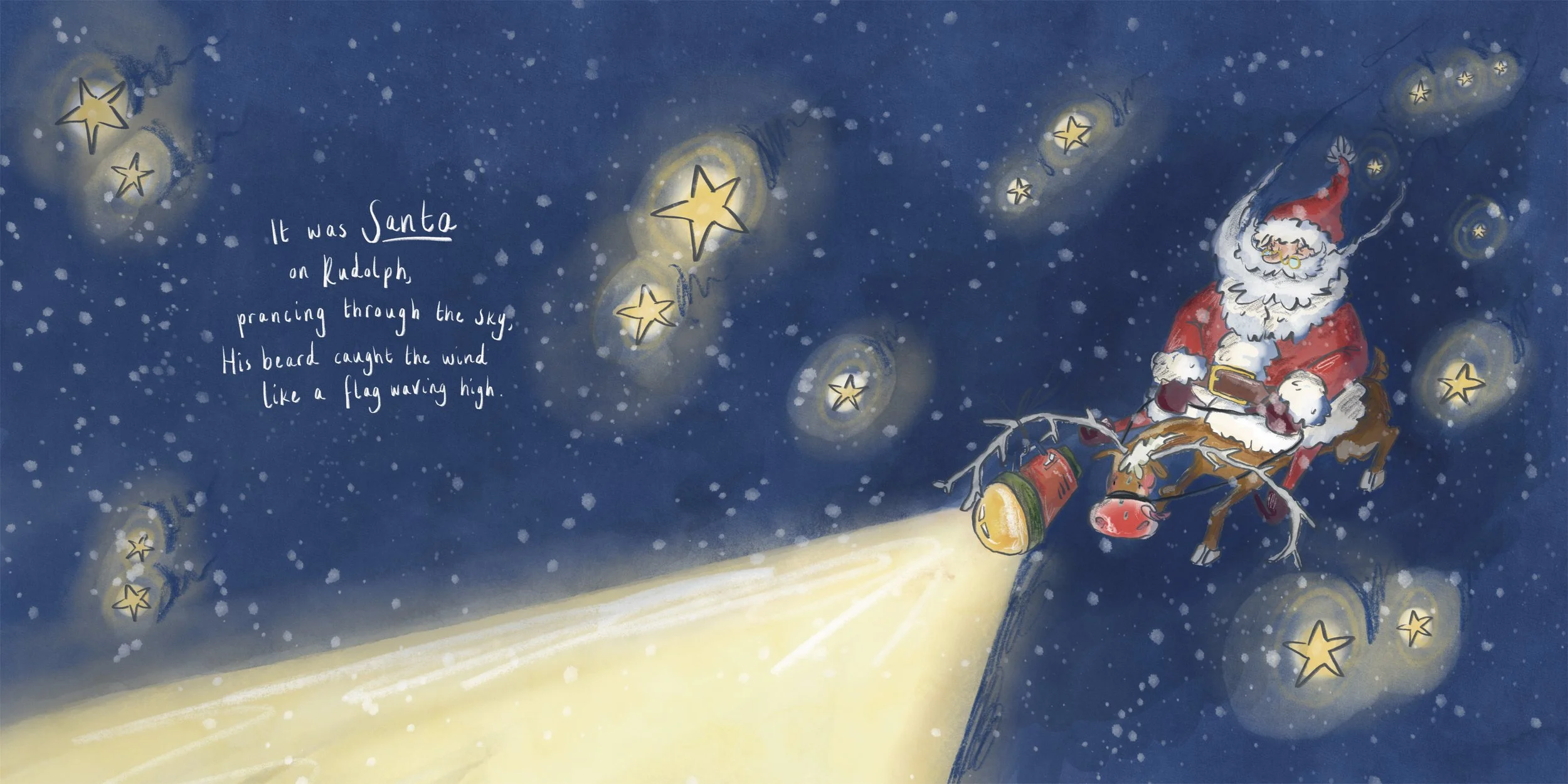 pencil and watercolour children's book illustration of Santa Claus riding Rudolph on Christmas night