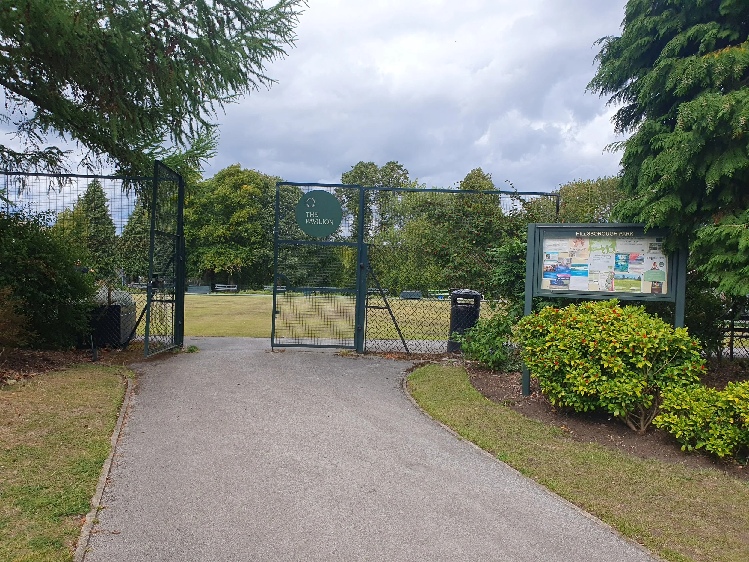 Go through this gate and turn left. 
This is the gate into the bowls and croquet lawns & the pavilion.