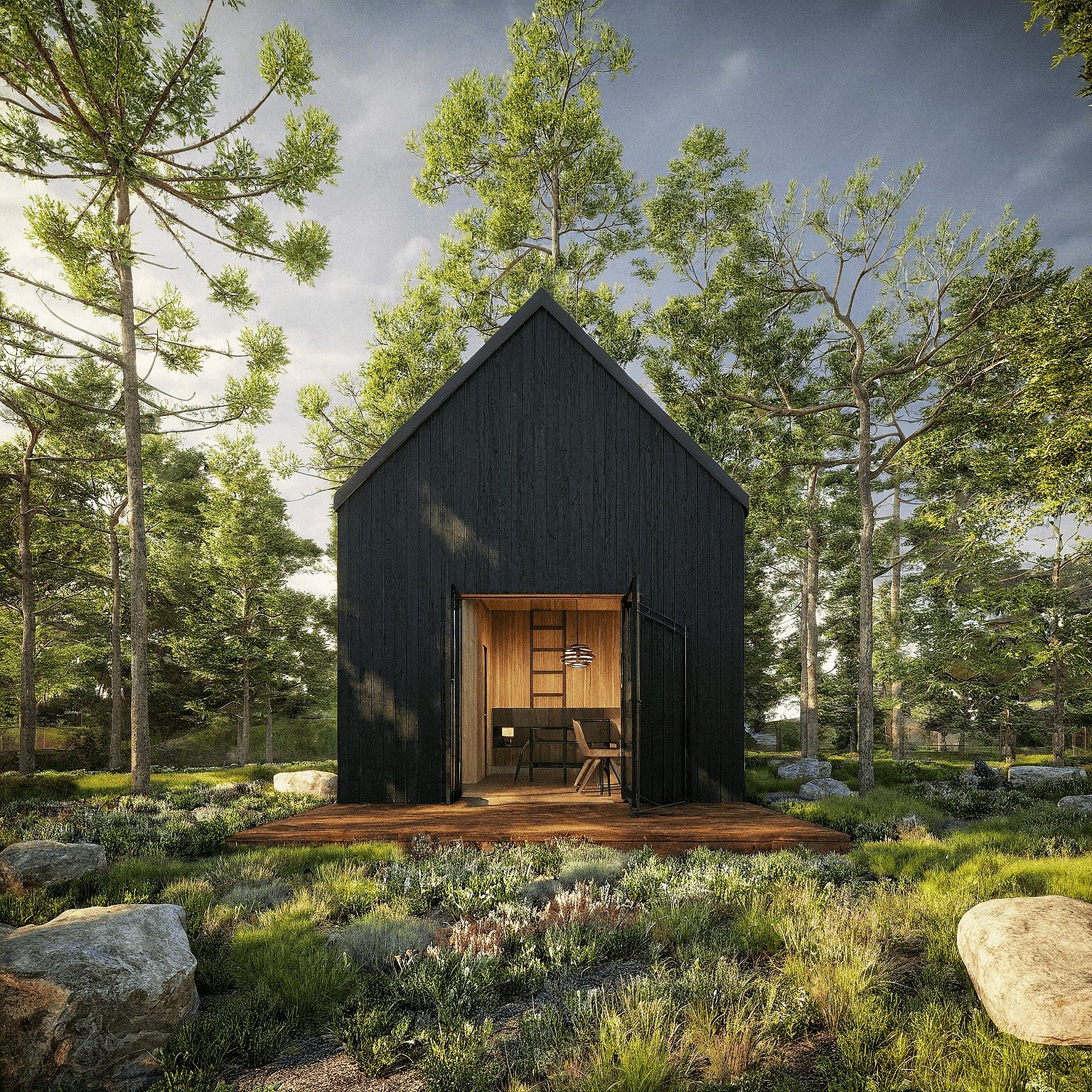 The Havhytter cottage with open French doors lading onto the deck.