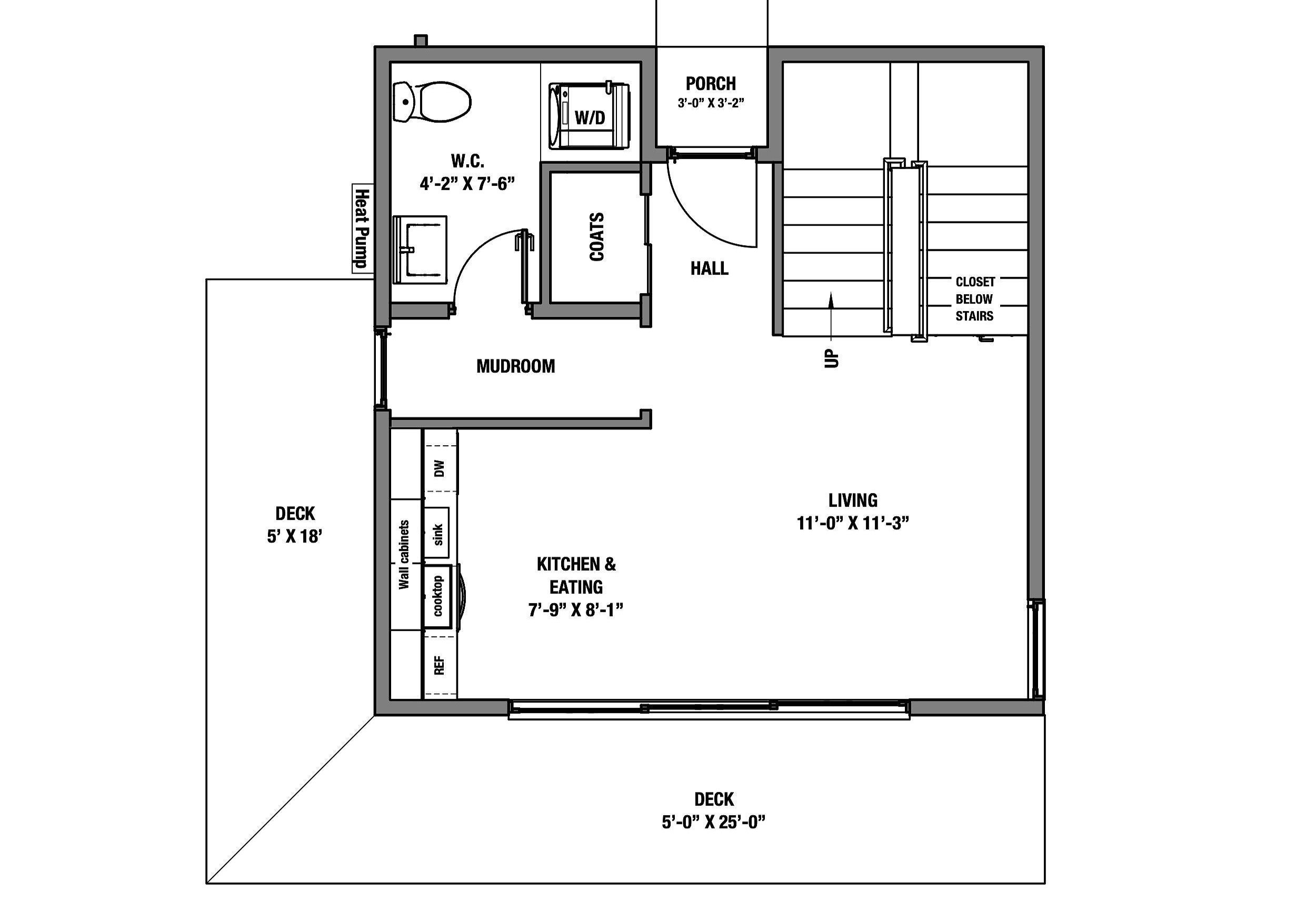 Square floor plan under 800 square feet.