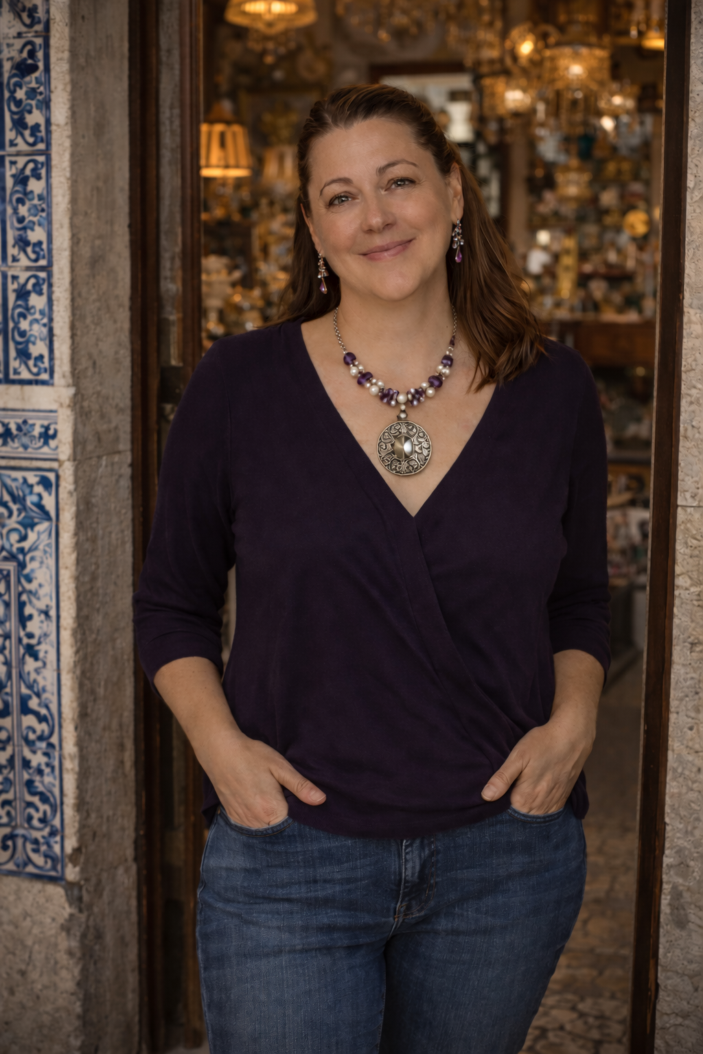A woman with shoulder-length red hair, wearing a dark purple wrap blouse, blue jeans, and purple jewelry, stands in a doorway of a shop with an interior filled with decorative items.