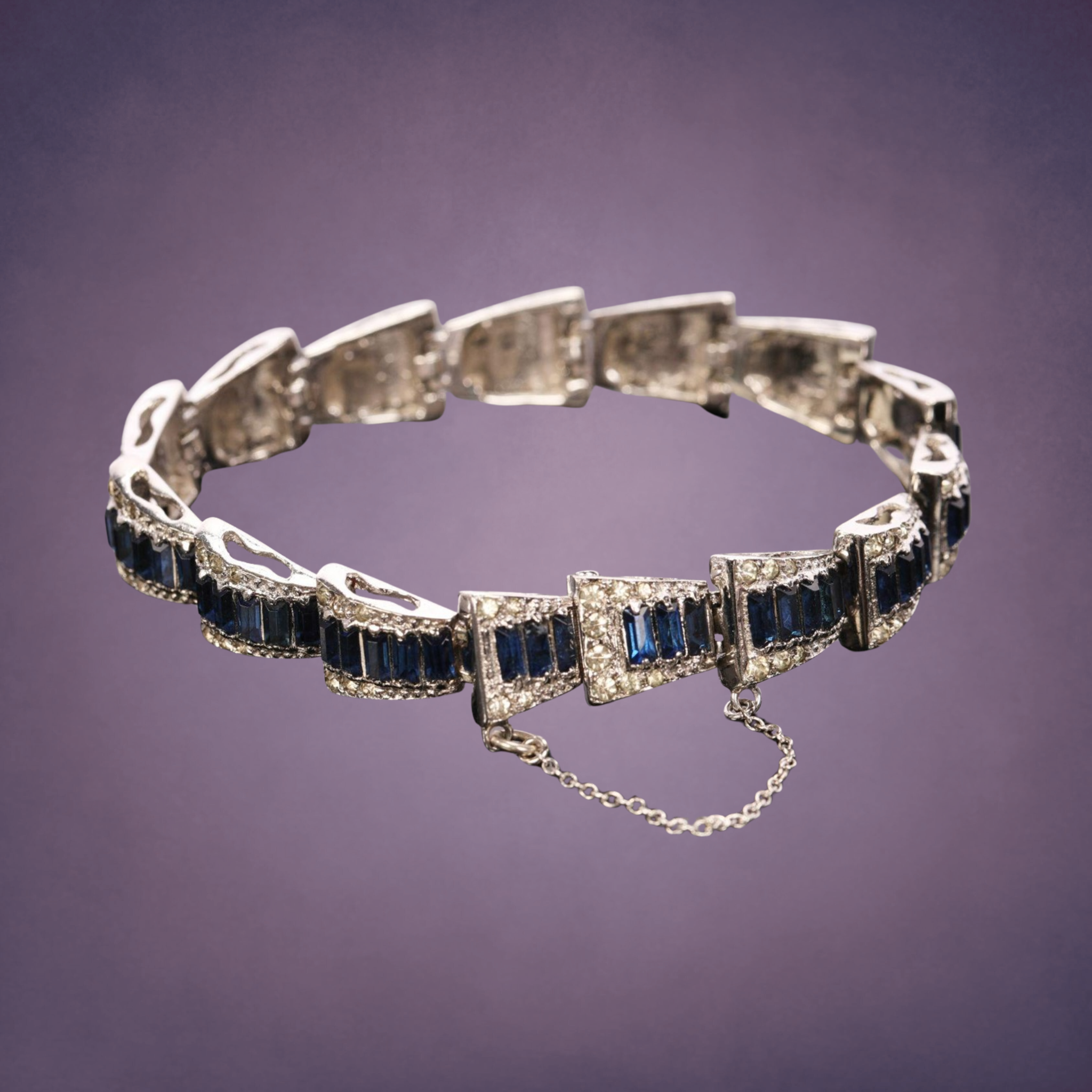 Vintage Sapphire & Diamond Accent Bracelet | Hidden Box Clasp | 7.25"