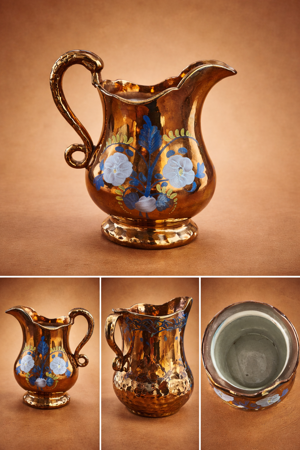 Antique English Copper Lusterware Creamer with Hand-Painted Blue Florals