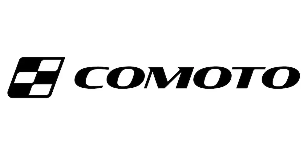 Black and white logo with a stylized checkered flag and the word "COMOTO" in bold italic font.
