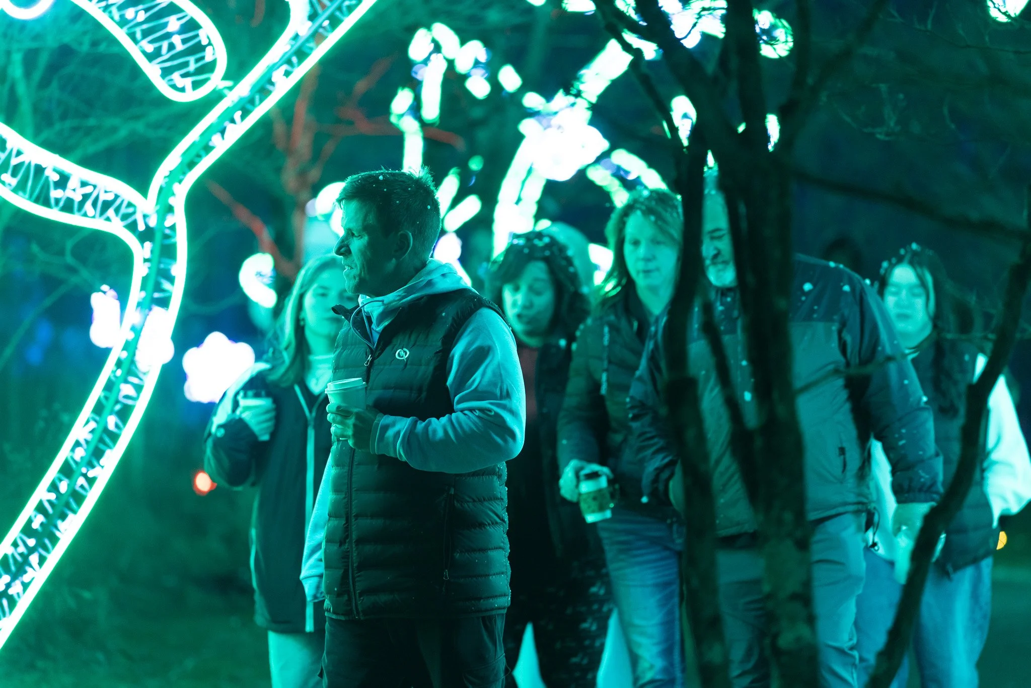 People walking in a park at night illuminated by decorative neon lights.