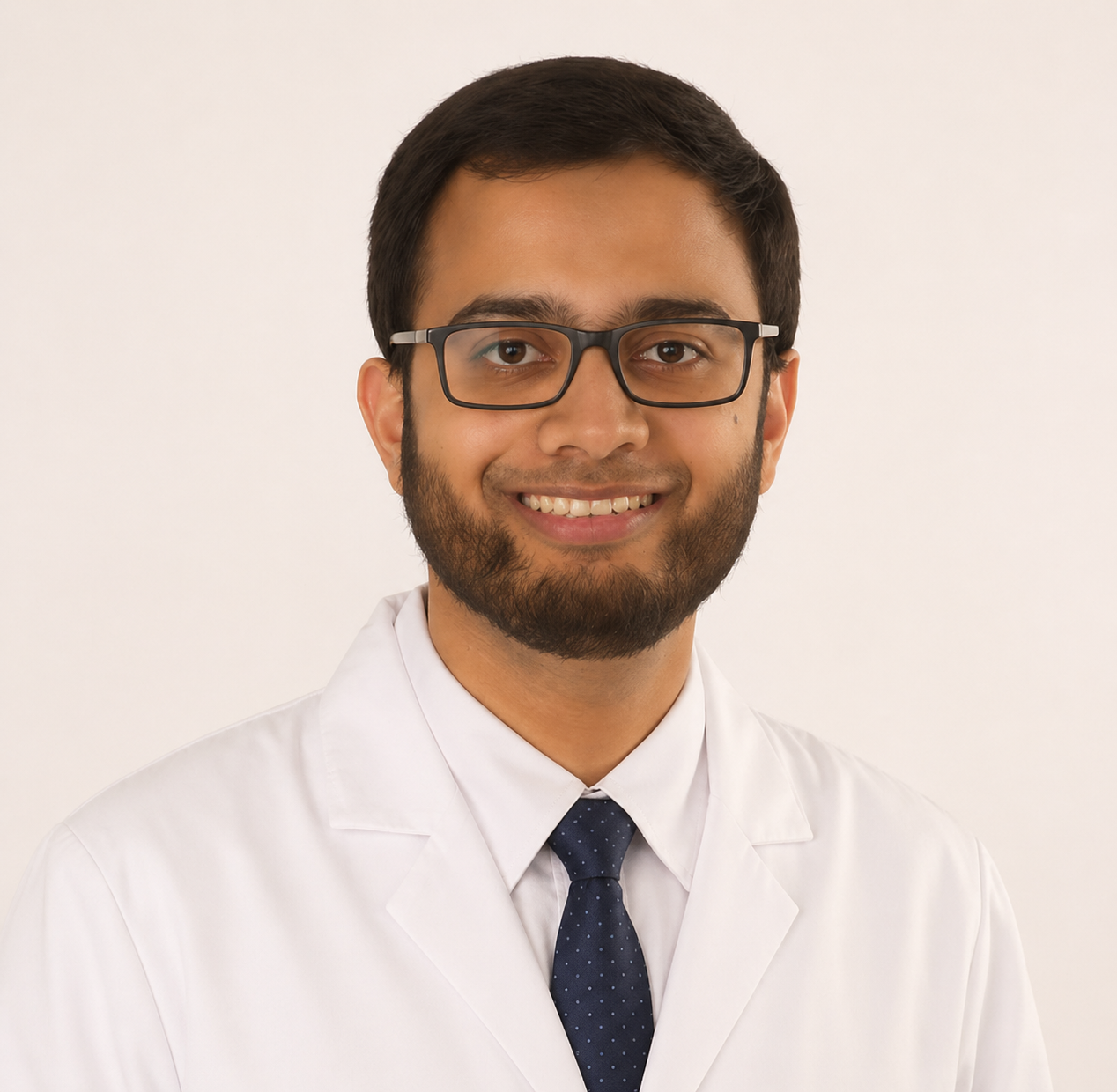 Portrait of a young male doctor with glasses, beard, wearing a white lab coat, white shirt, and dark blue tie, smiling against a plain background.