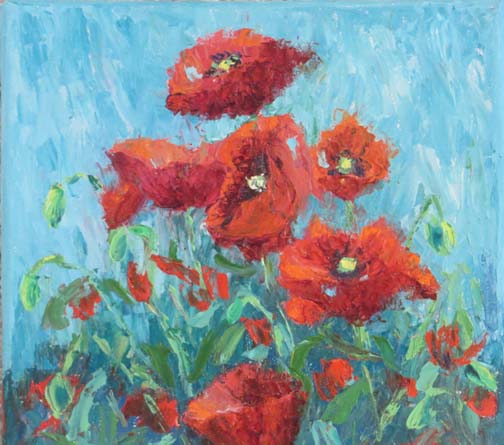 (c) Ann McCann, "Red Poppies on Turquoise," 8 X 8 Oil, 2016