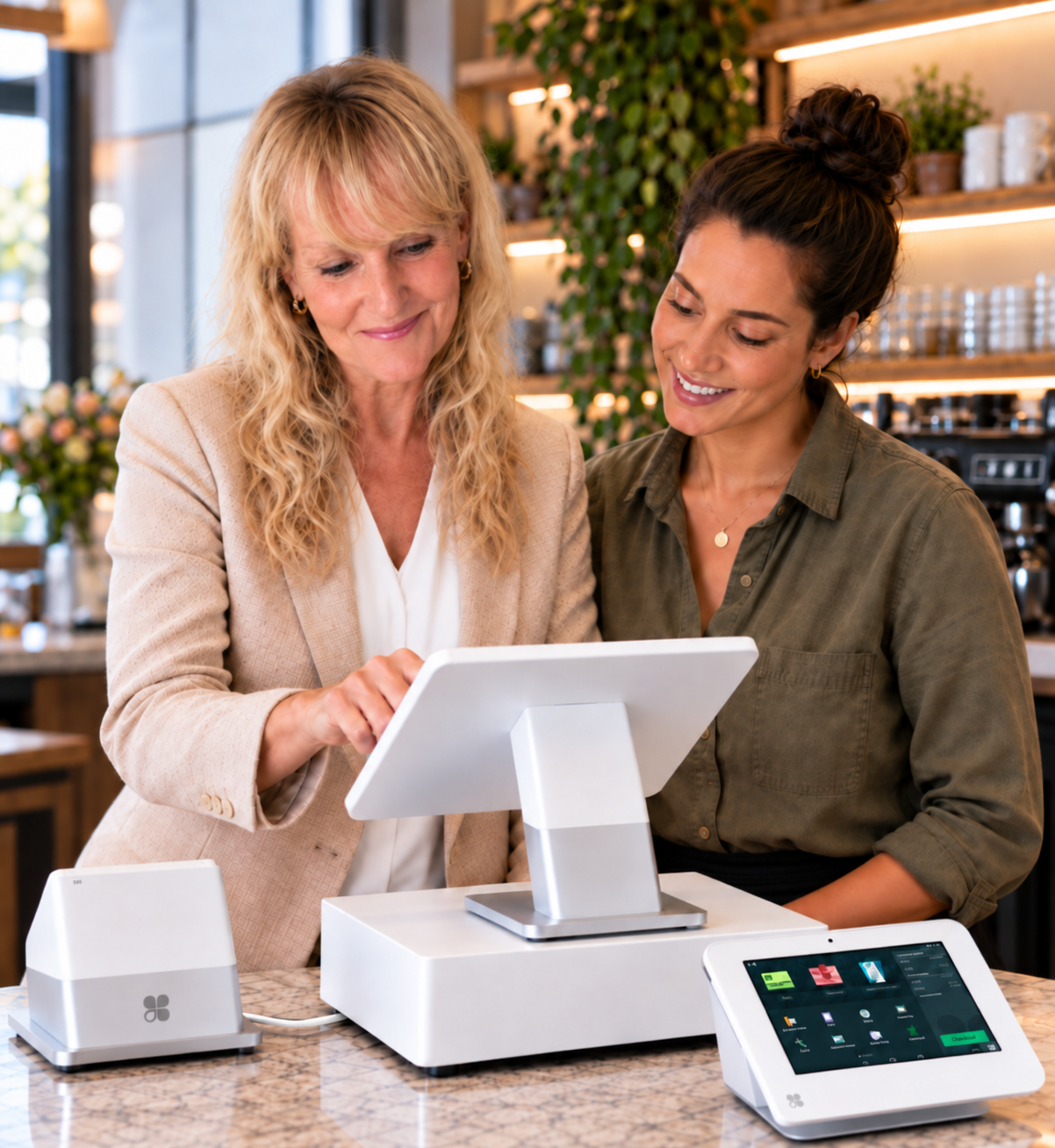 Owner of Business Payment Network personally providing hands-on Clover POS system training to a café customer in New Brunswick.