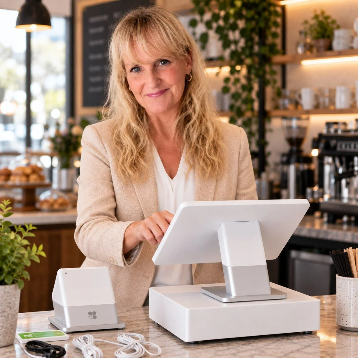 Owner of Business Payment Network personally installing and setting up a Clover POS system at a café in New Brunswick.