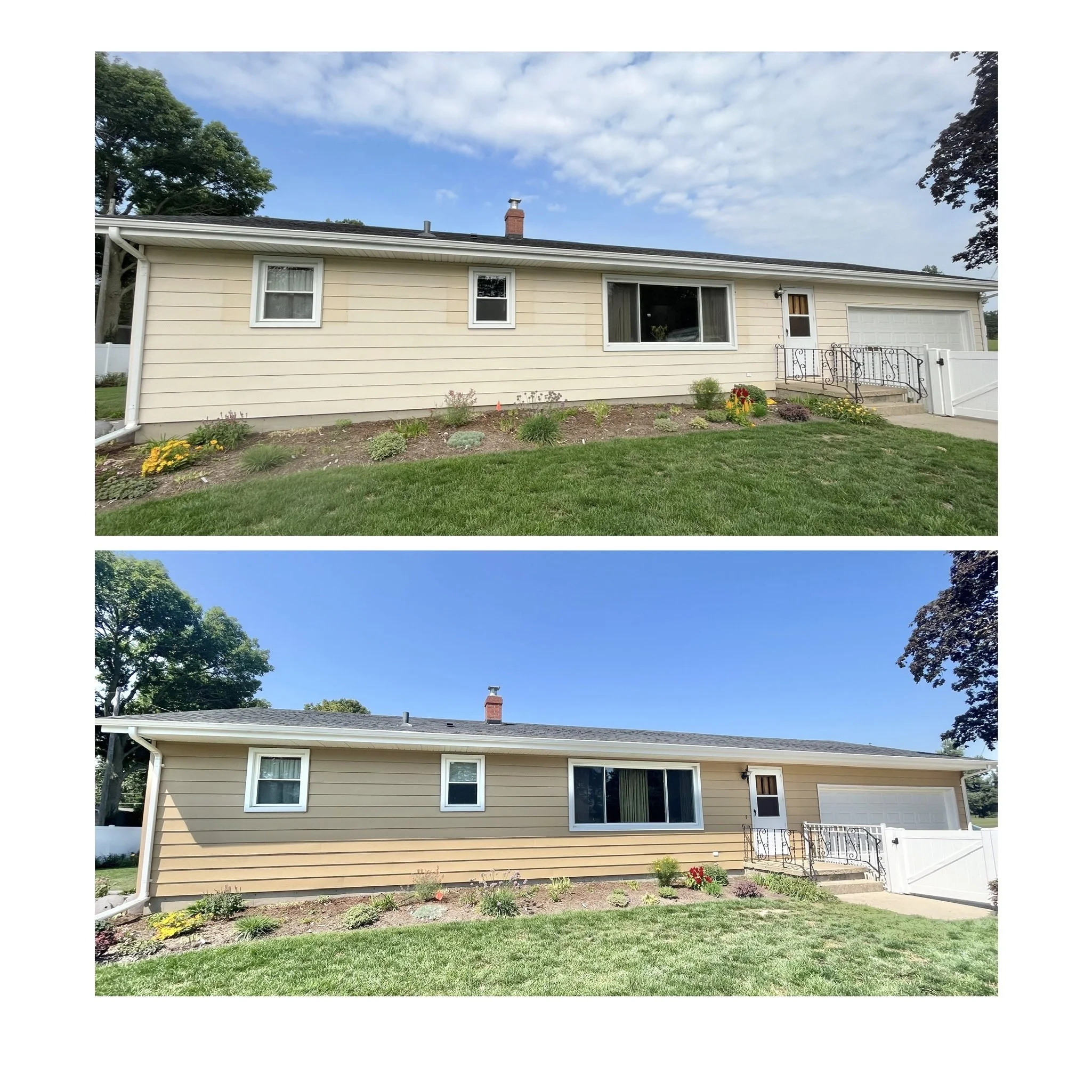Comparison of the same house before and after siding replacement showing a beige house with small front garden and a garage, under a partly cloudy sky.