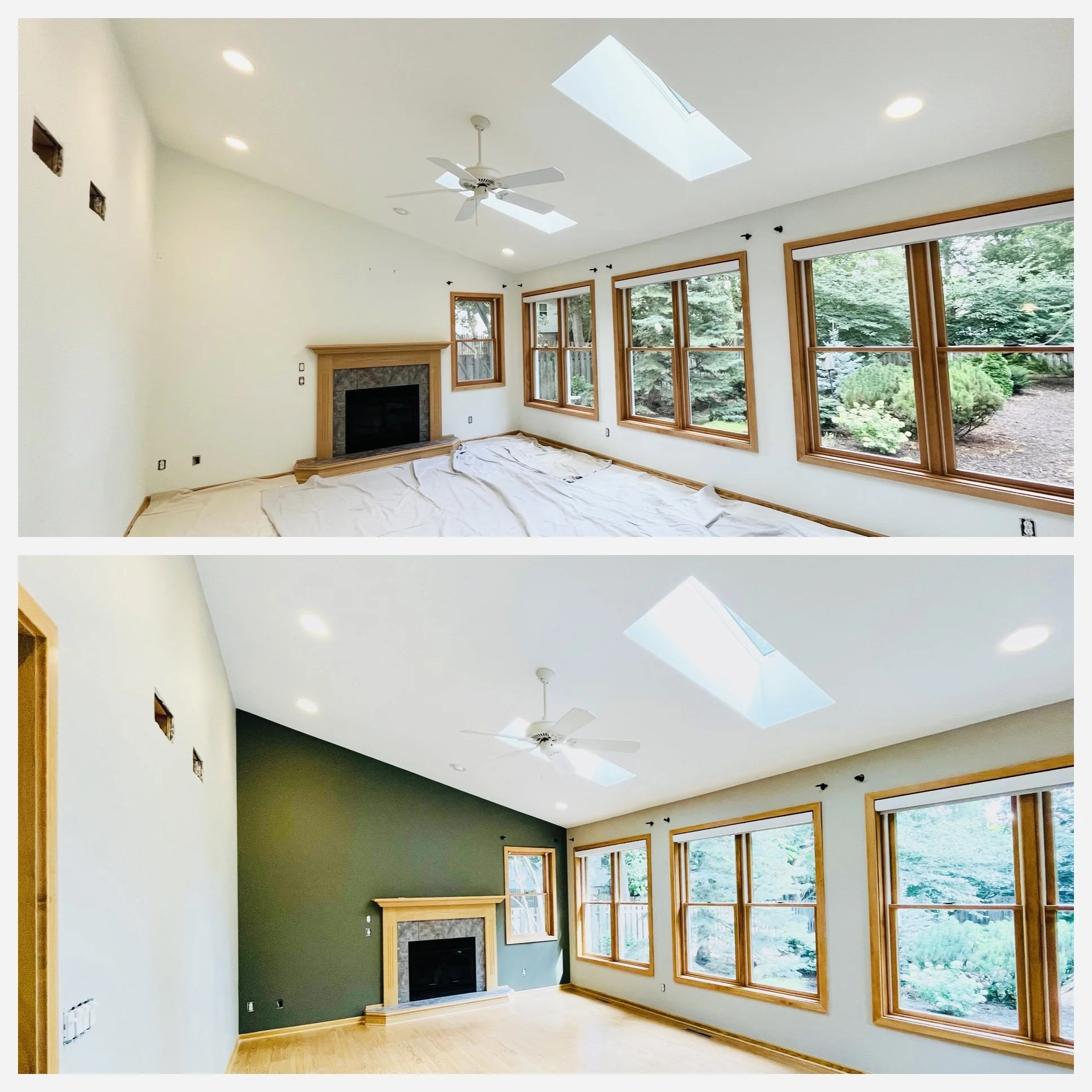 Comparison of a living room before and after painting the accent wall: the top image shows a room with white walls, and the bottom image shows the same room with a dark green accent wall.