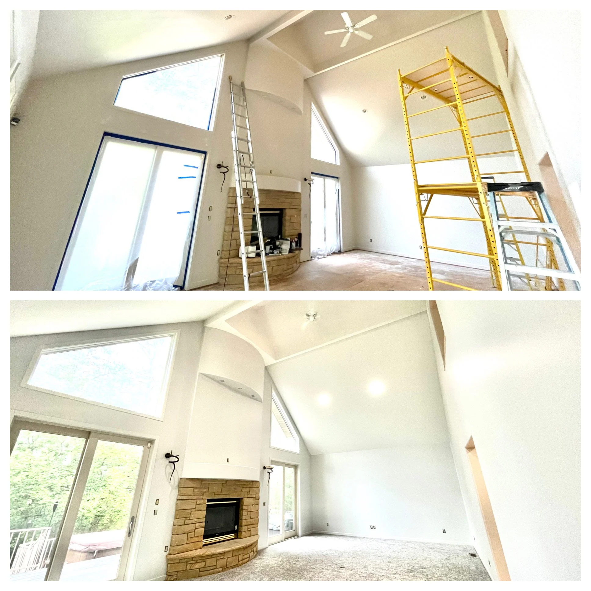 Before and after photos of a living room renovation showing a fireplace with stone surround and large windows. The top image captures the room during construction with scaffolding, ladders, and unpainted walls, while the bottom image shows a finished, painted room with flooring, a new ceiling light, and cleaned windows.