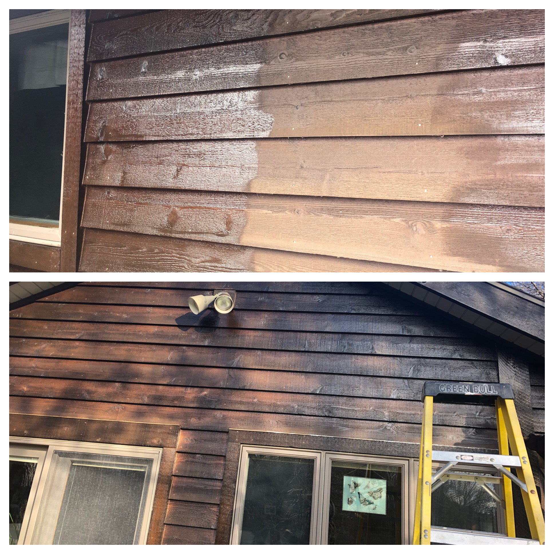 Comparison of a wooden house exterior before and after cleaning or staining, showing the transition from lighter, weathered wood to darker, freshly treated wood with a ladder nearby.