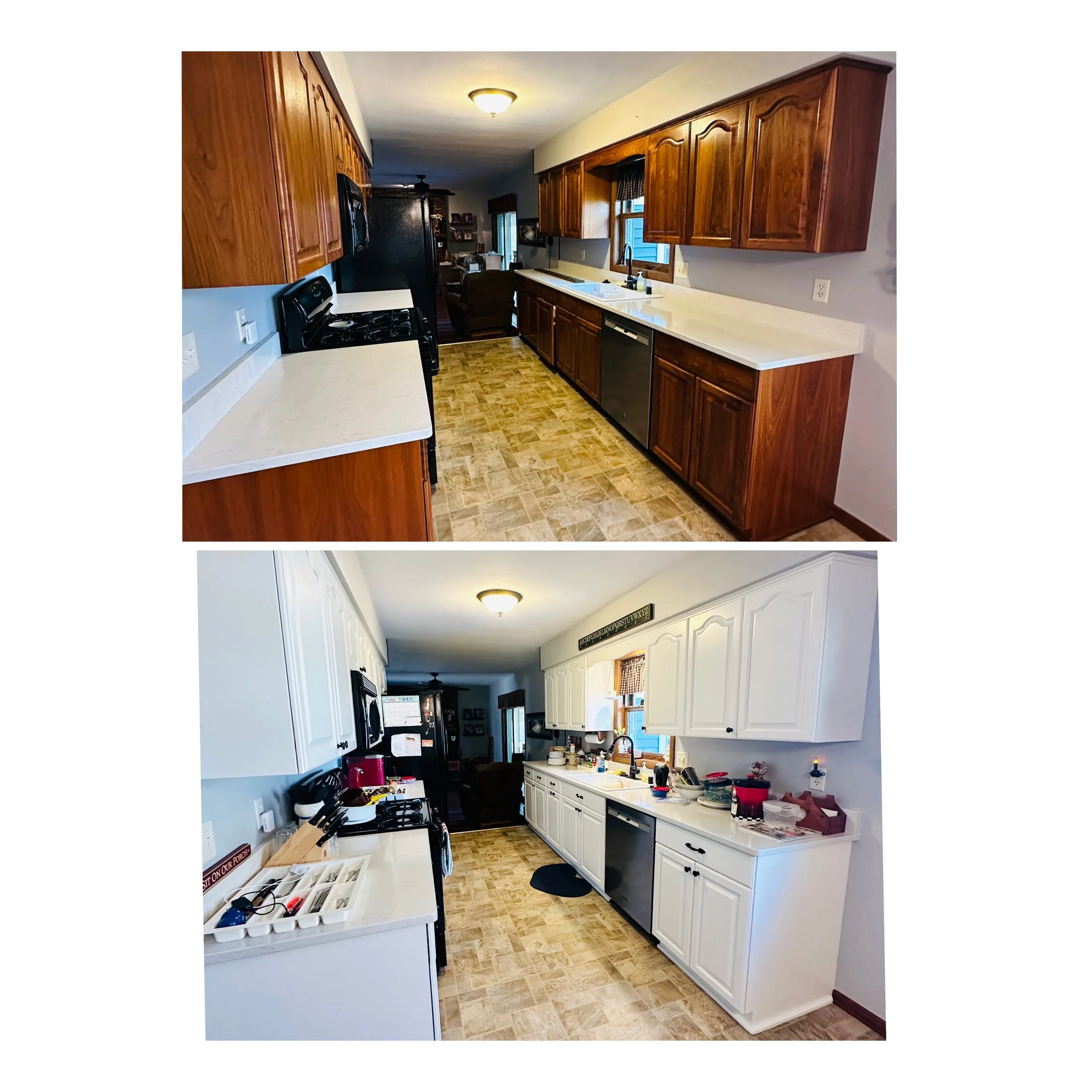 Side-by-side comparison of a kitchen before and after renovation, showing white cabinets and new countertops in the after photo.
