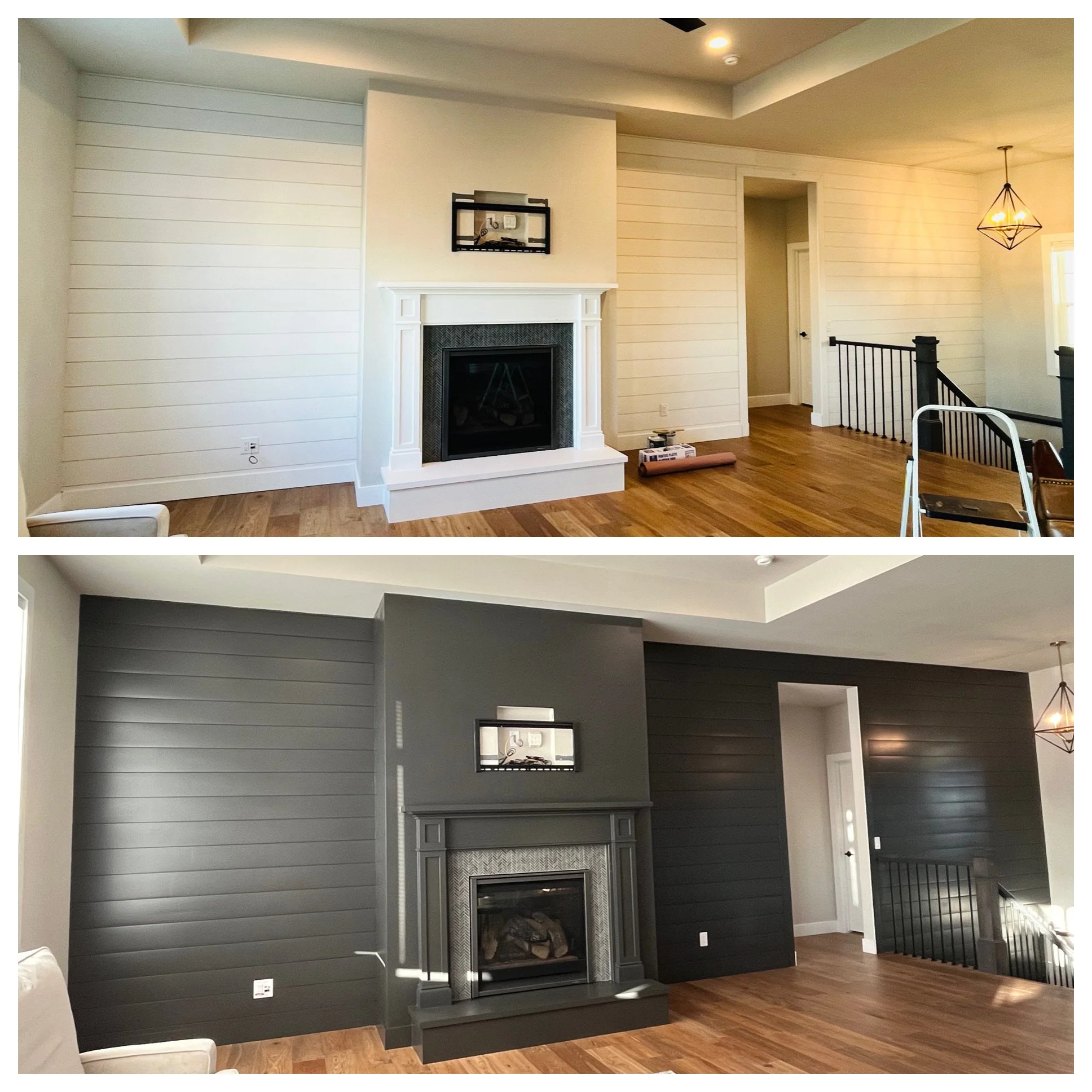 Two interior photos showing a living room with a fireplace, before and after repainting and wall paneling changes. The first photo depicts a white wall with a white fireplace and light-colored wooden floors. The second photo shows a similar room with dark gray painted walls, matching dark gray fireplace mantel, and consistent wood flooring, showcasing a renovated look.