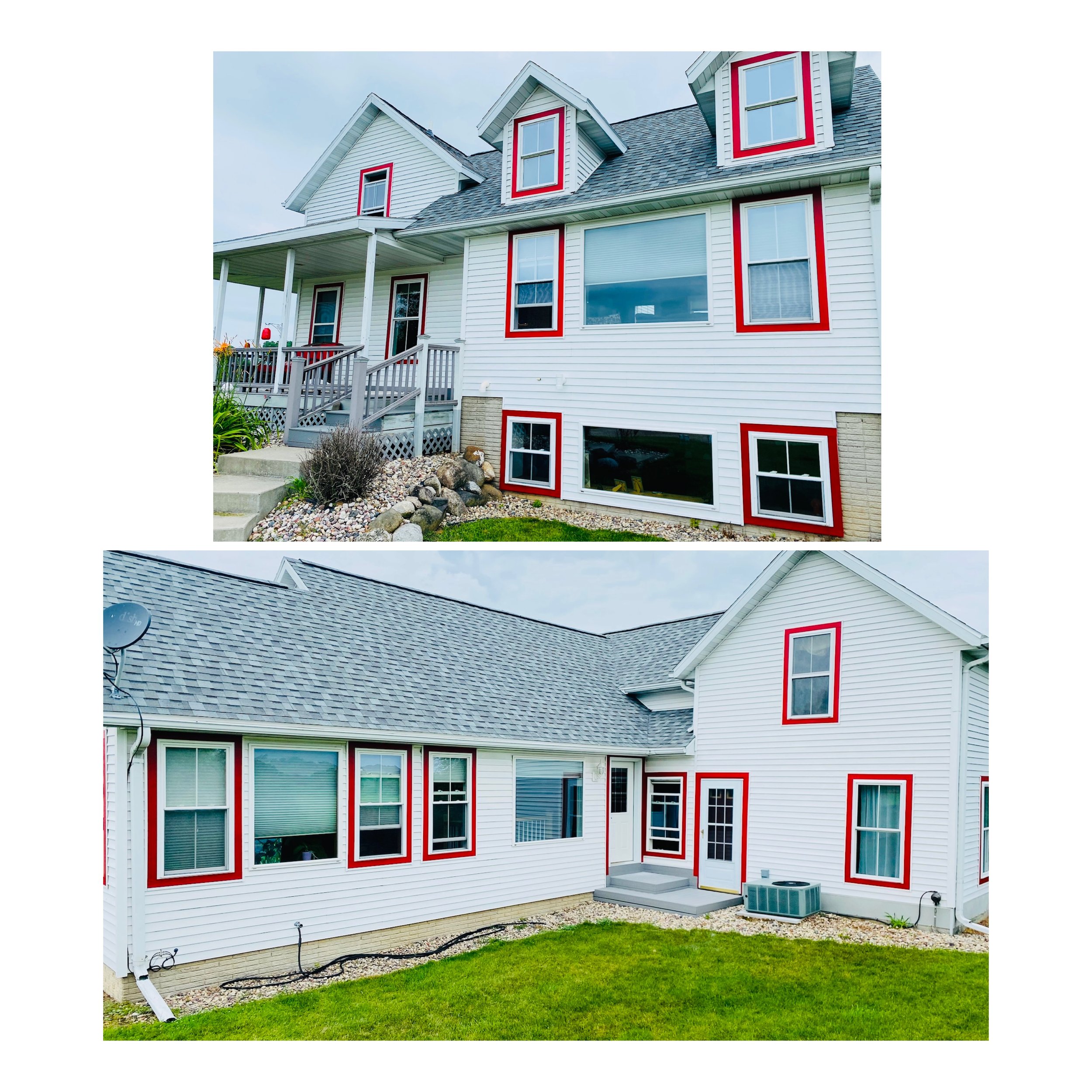 Two images of a white house with red window frames, showing the front and back views, with a gray shingled roof and landscaped yard.