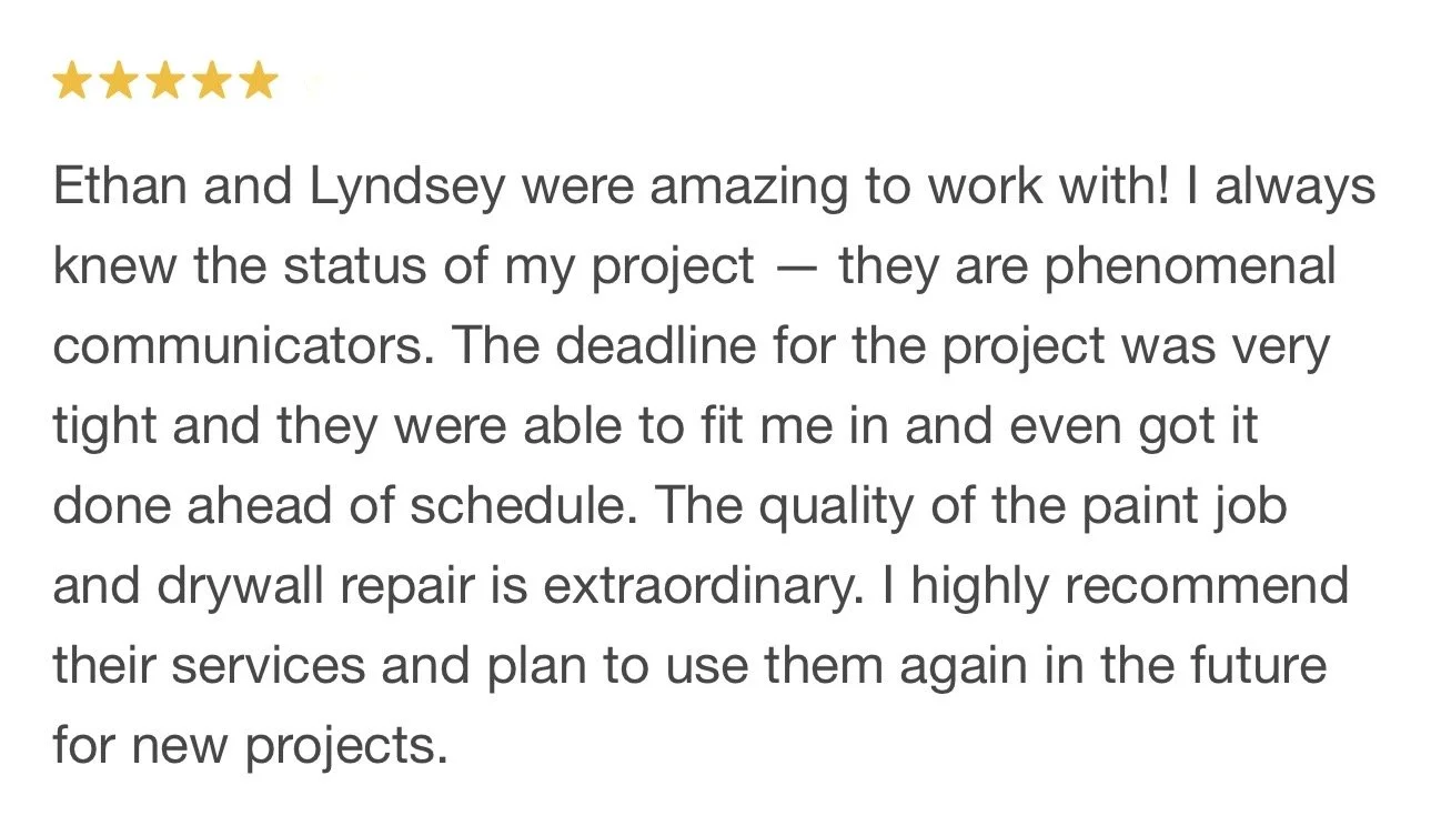Five-star reviewer displaying a positive review about Ethan and Lyndsey, praising their communication, punctuality, quality of work, and recommending their services for future projects.