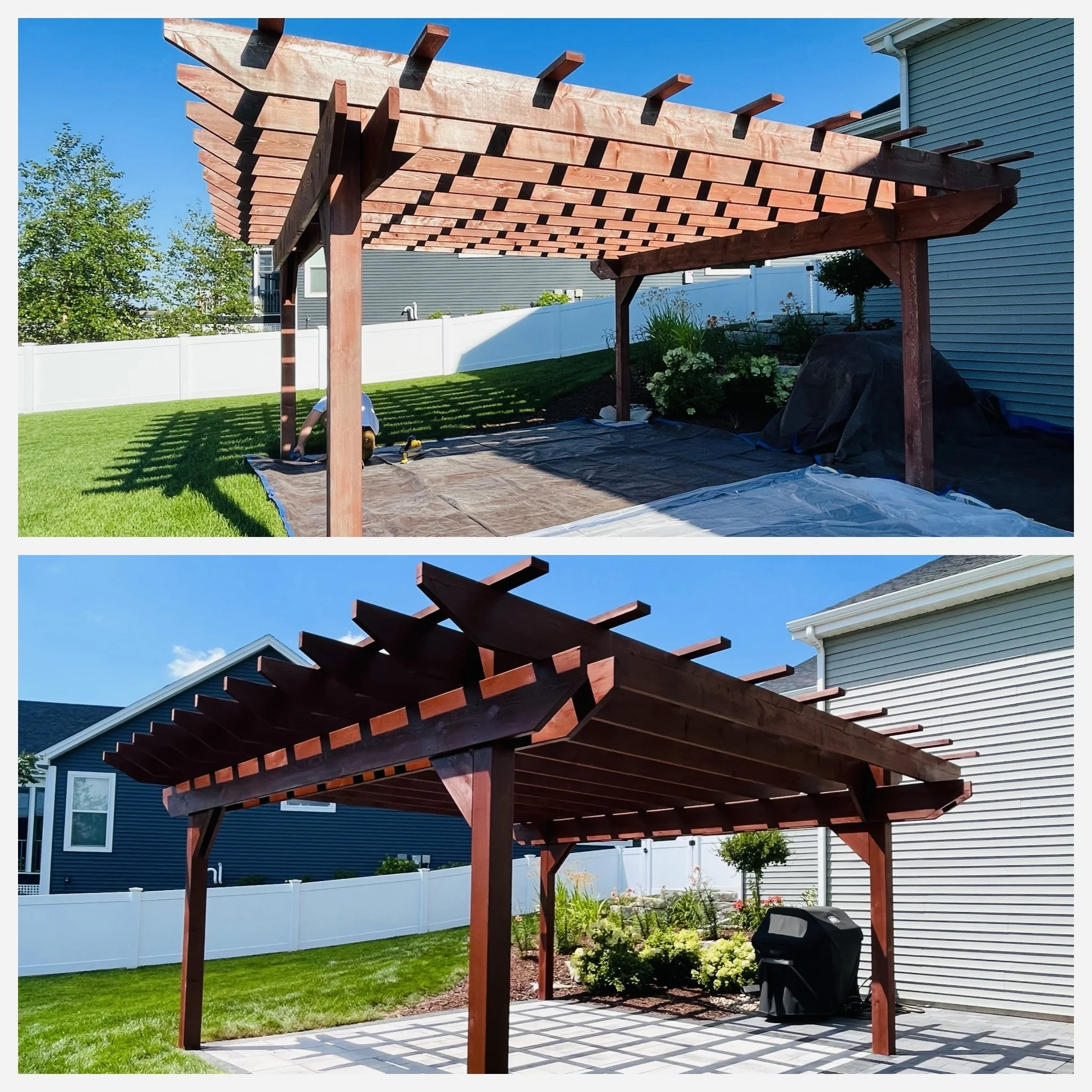 Comparison of a wooden pergola before and after staining or painting. The top image shows the pergola in a raw, natural wood state with unpainted beams, while the bottom image displays the same pergola after staining or painting with a dark reddish-brown color, with a paved backyard area and a grill underneath.