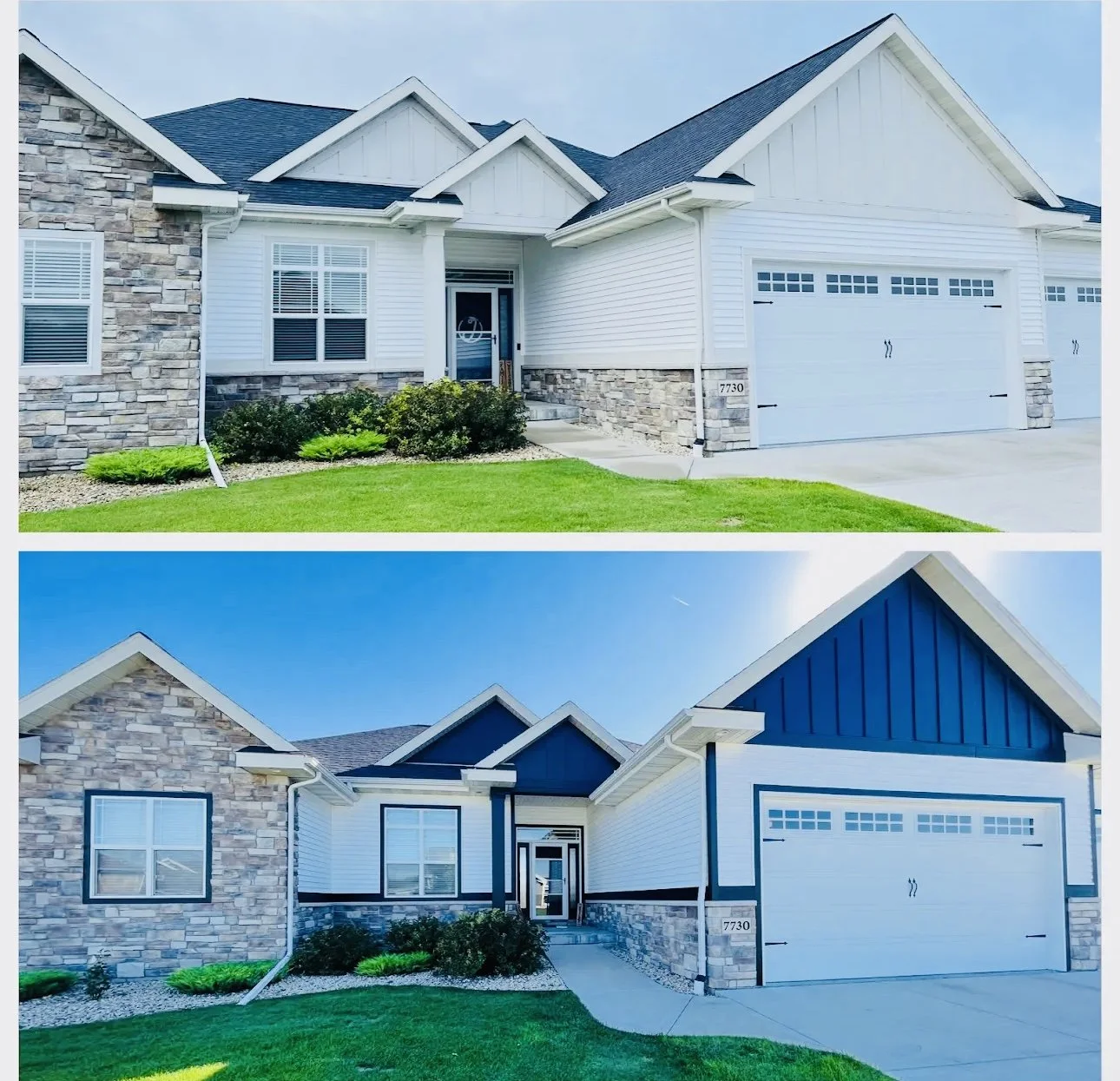 A before-and-after comparison of a house's exterior makeover. The top image shows the house with white siding, stone accents, and a tidy front yard. The bottom image displays the same house after siding was painted navy blue with white trim, and landscaping was slightly altered.