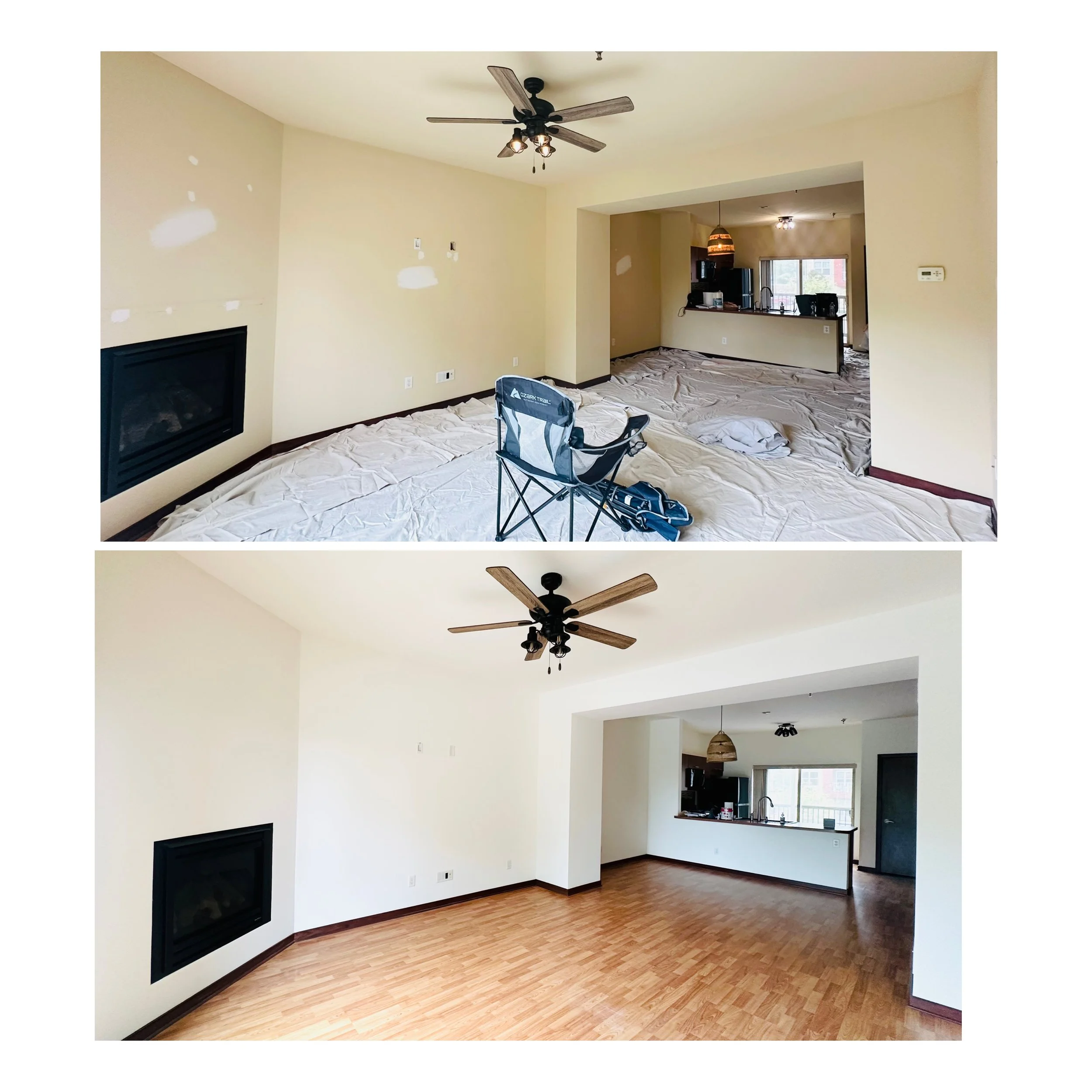 Comparison of a living room before and after renovation: top image shows an unfinished space with drywall patches, a ceiling fan, and a makeshift floor covering; bottom image shows the same space completed with painted walls, hardwood flooring, and finished ceiling fan.