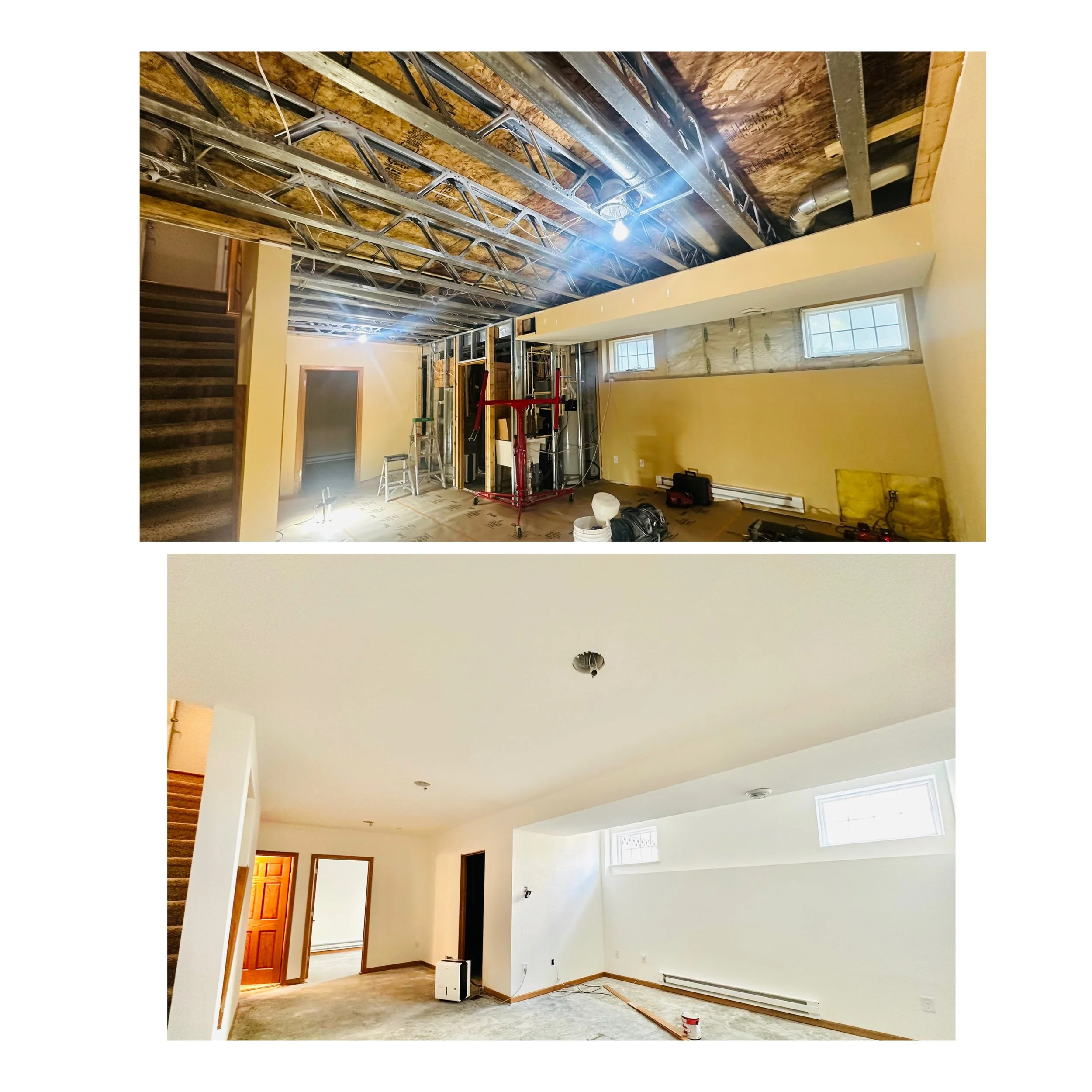 Before and after images of room renovation showing ceiling and wall repairs, with construction tools and finished walls.