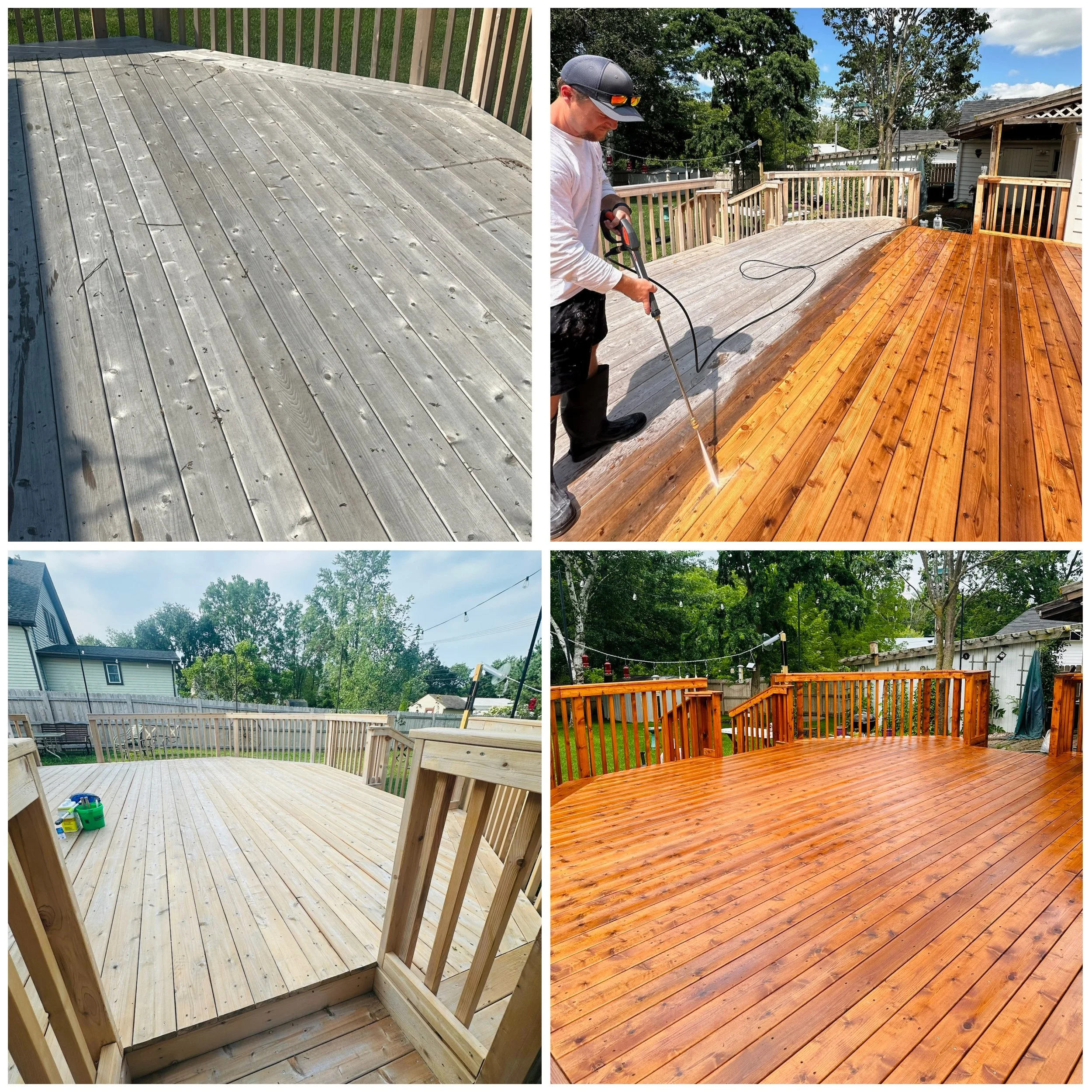 Progression of a wooden deck renovation: starting with an unfinished gray wood deck, then being power washed, followed by applying a new stain or sealant, and finished with a polished, reddish-brown wooden deck.