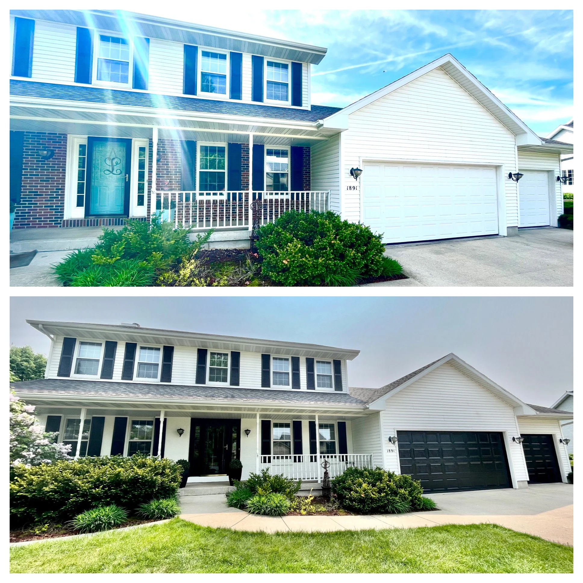 Side-by-side comparison of two similar suburban houses. The top house has a brick and white siding exterior, blue front door, and two garages, with a small garden and walkway. The bottom house has a white exterior with black accents, a black front door, and a larger front yard with greenery and a concrete driveway.