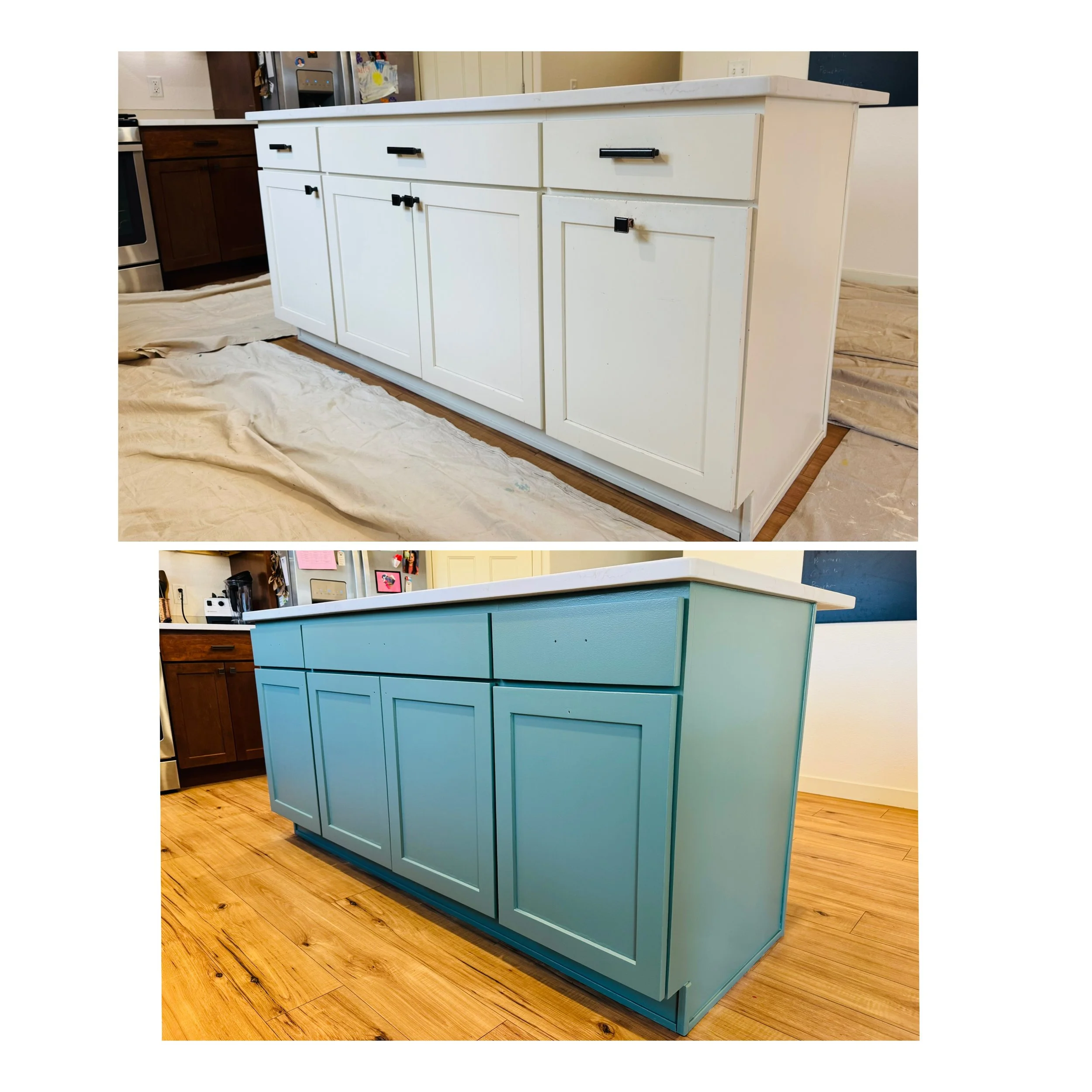 Before and after images of a kitchen island painted from white to light blue.