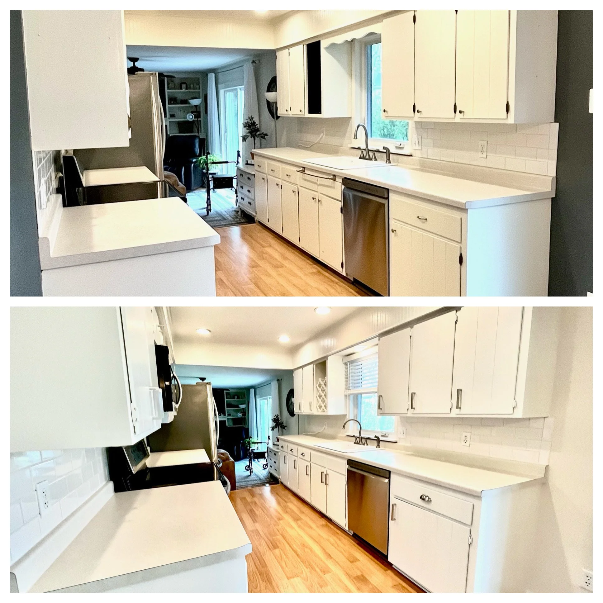 Comparison of kitchen before and after renovation showing white cabinets, wooden flooring, and updated lighting.