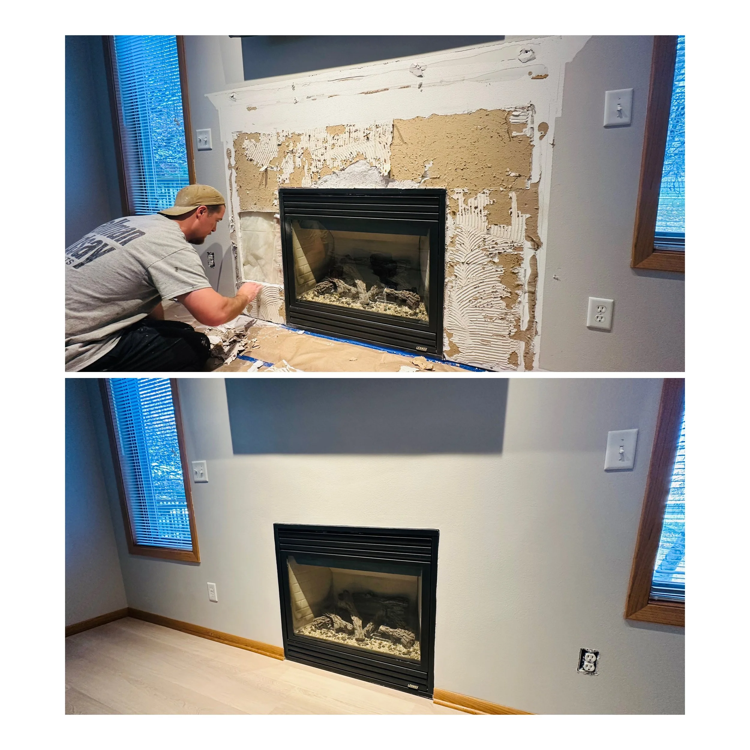 Before and after images of a fireplace renovation. The top image shows a person working on removing old wall material around a fireplace, which is surrounded by damaged drywall. The bottom image shows the finished remodeled fireplace with a new clean wall and trim, and freshly painted walls.