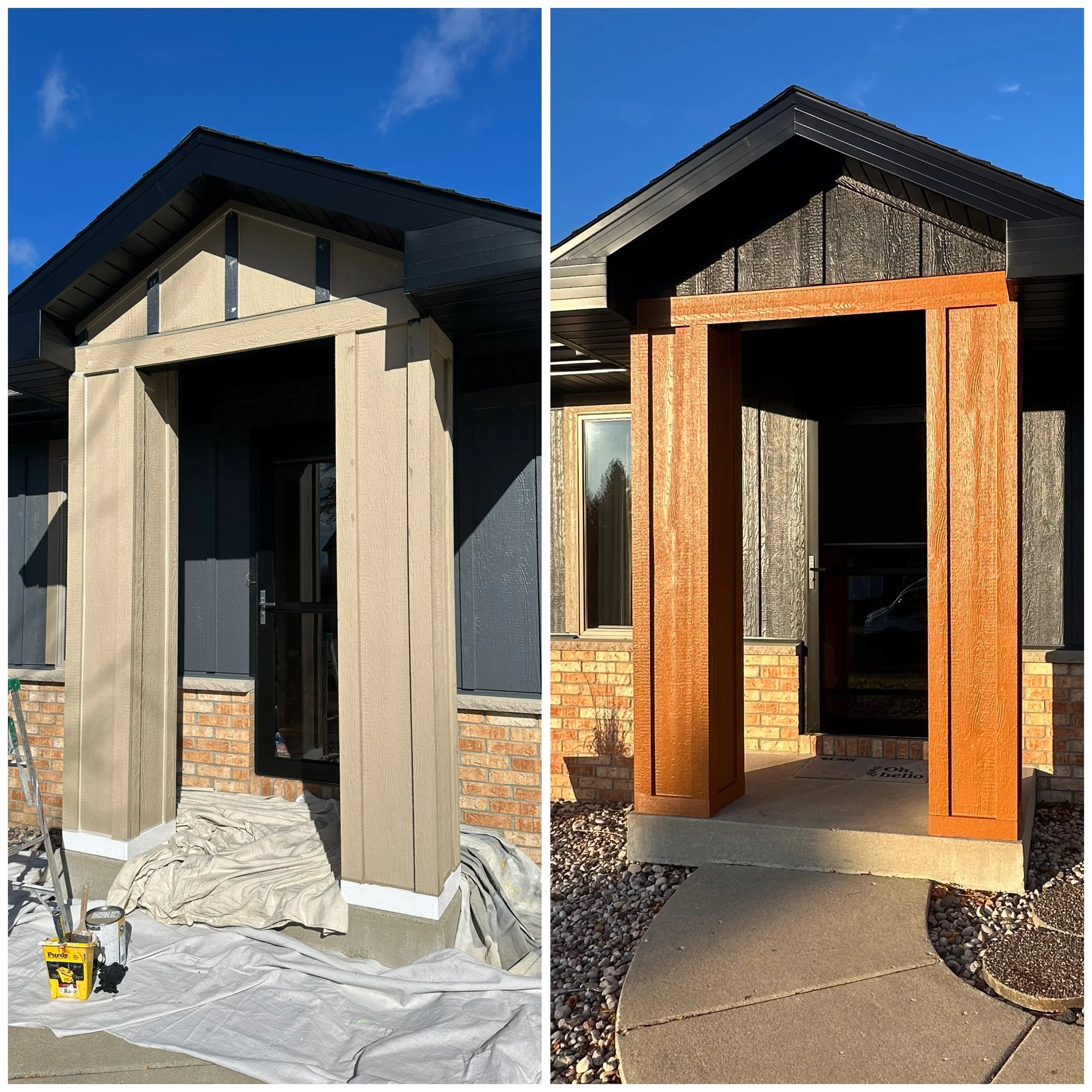 Comparison of a front porch before and after renovation. On the left, the porch has beige vertical siding and a black door, with construction materials on the ground. On the right, the porch features new reddish-brown vertical siding, a concrete pathway, and a brick foundation.