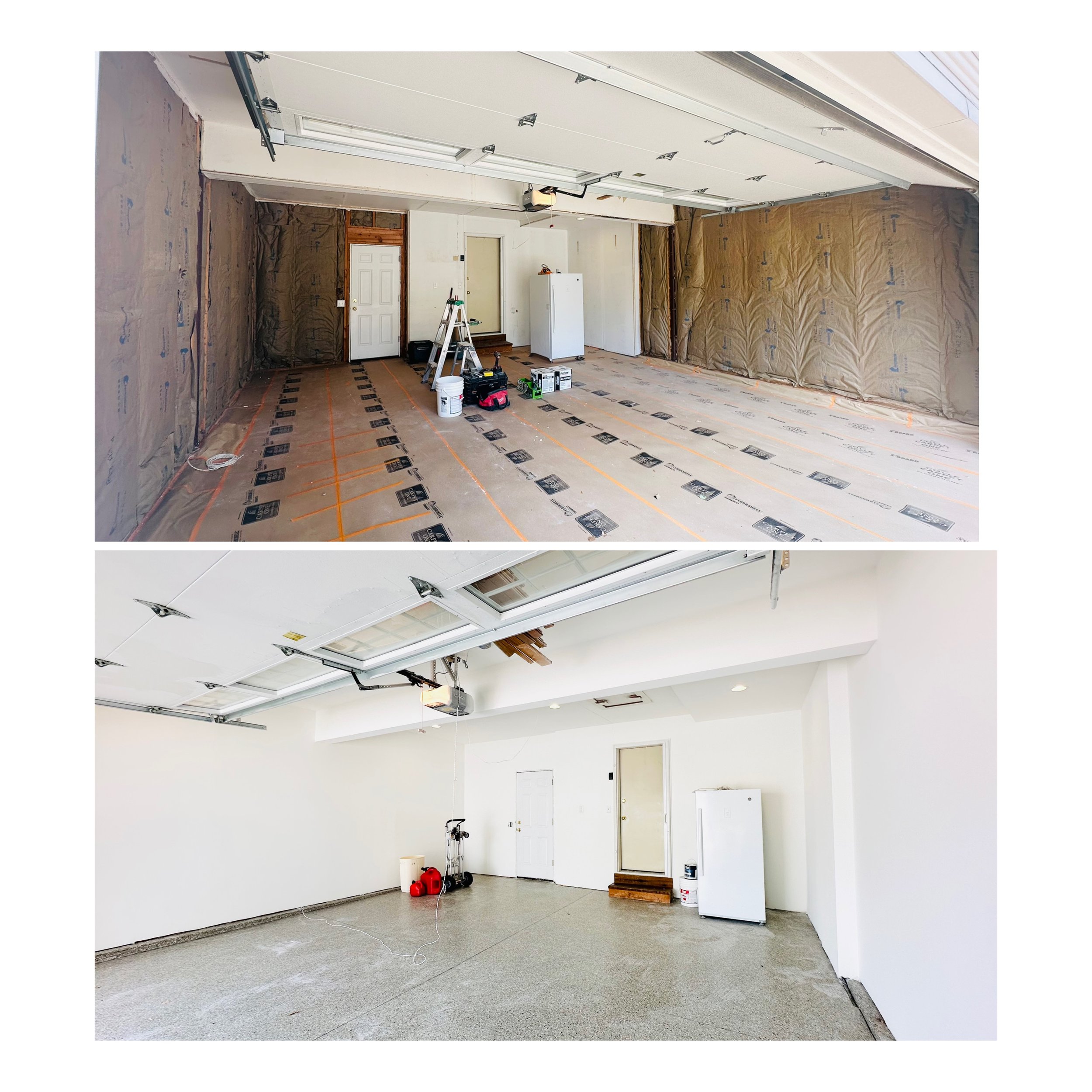 Comparison of a garage during renovation, with the top image showing unfinished walls and flooring, and the bottom image showing the completed, painted garage with finished flooring.