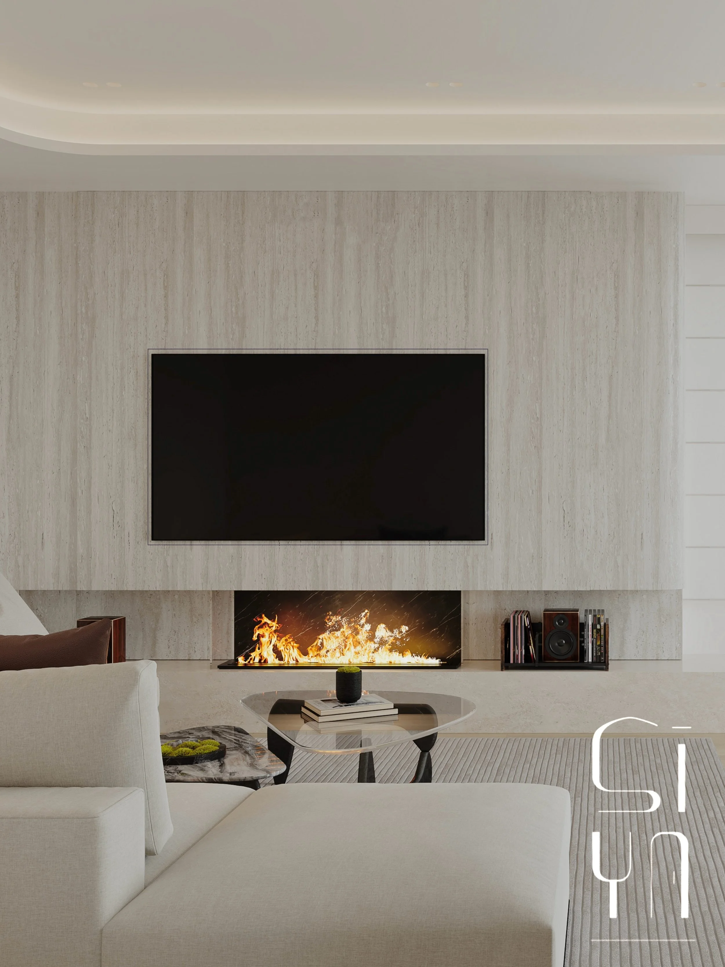 A calm and cozy family lounge space, featured fireplace brings a soft sense of flow to the space.

#familyroomdesign #moderninteriordesign #fireplacedesign