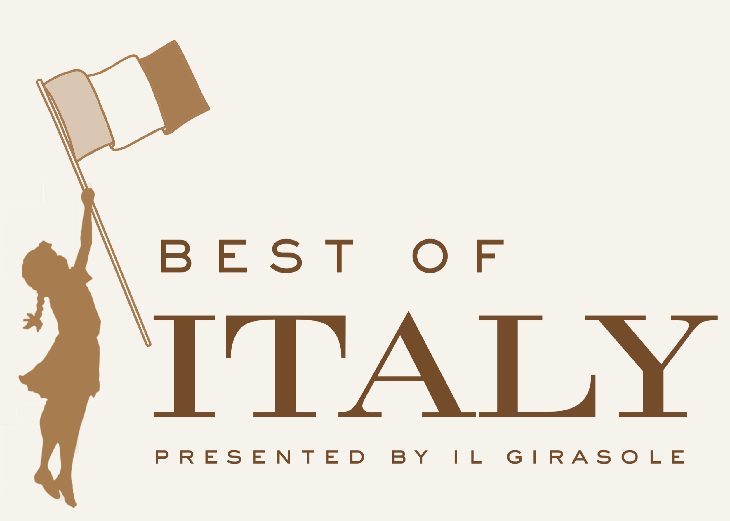 Branding of A girl floating up holding an italian flag with the words "best of italy" describing the name on the tasting menu