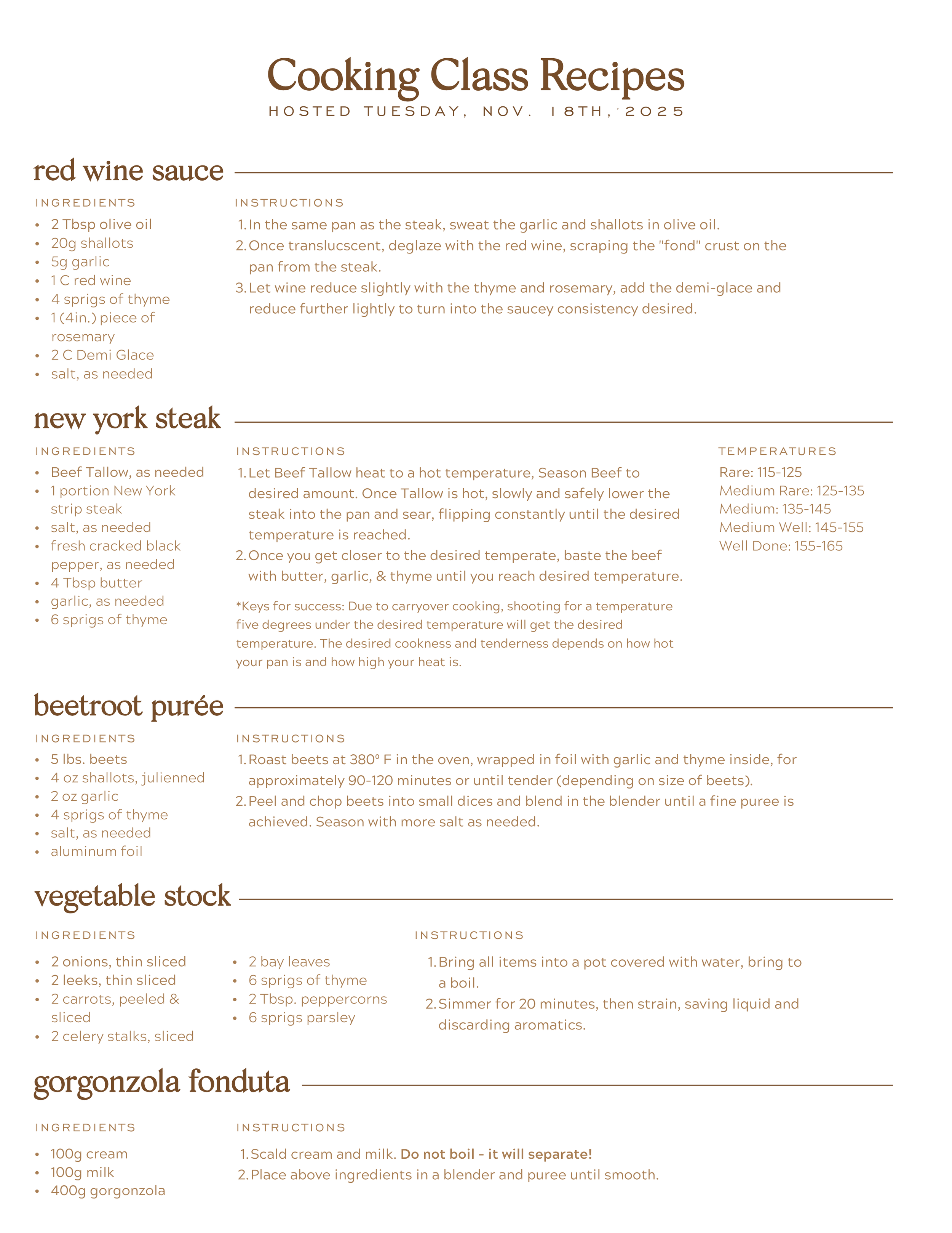 A recipe page titled 'Cooking Class Recipes' with recipes for red wine sauce, New York steak, beetroot purée, vegetable stock, and gorgonzola fonduta.