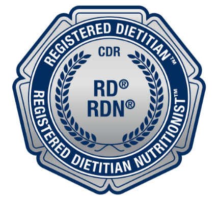 Seal with text indicating registered dietitian nutritionist credentials, including CDR, RD, and RDN, surrounded by a laurel wreath design.