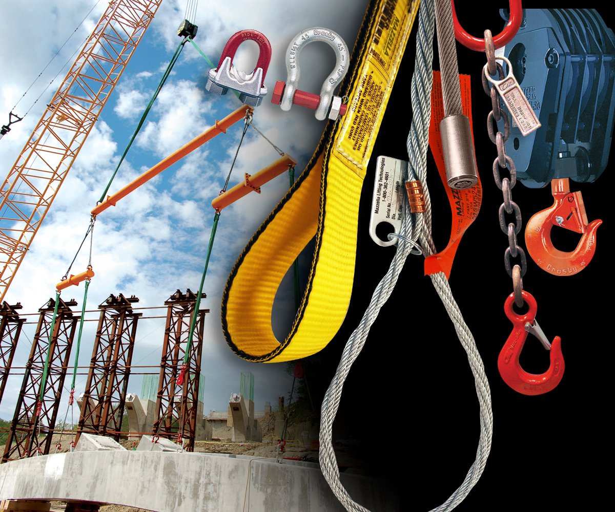 Construction safety equipment, including harness, hooks, and chains, with a construction site in the background showing crane and structural framework.