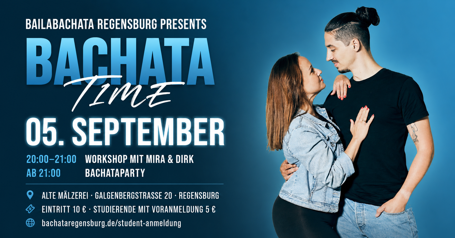 Plakat für das BACHATA TIME Event am 05. September in Regensburg, mit Workshop und Bachata-Party. Enthält Informationen zu Uhrzeit, Ort, Eintritt und Webseite.
