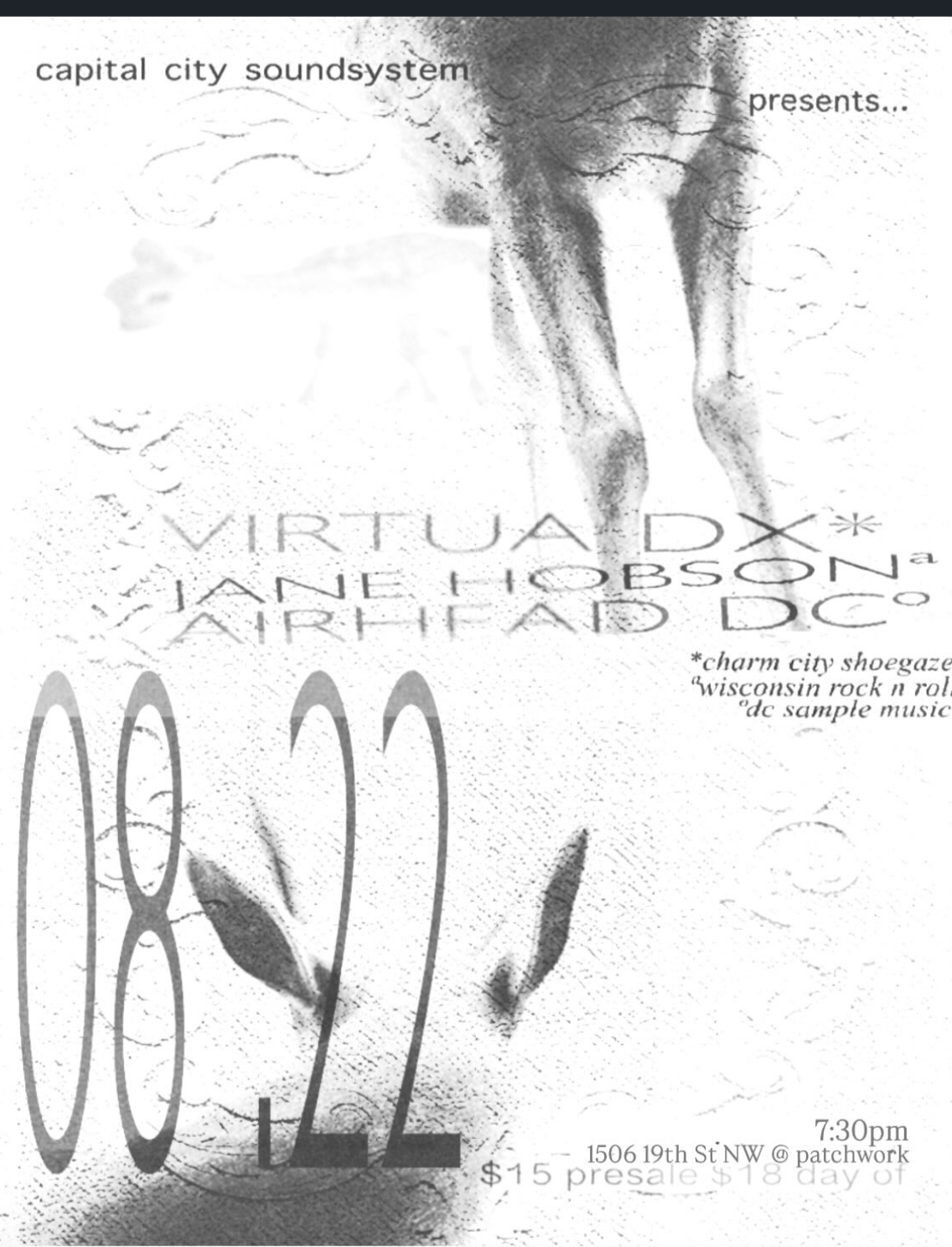 A black and white flyer for a music event featuring VirtuaDX, Jane Hobson, and Richard D.C., with details about the location, date, time, and presale ticket prices.