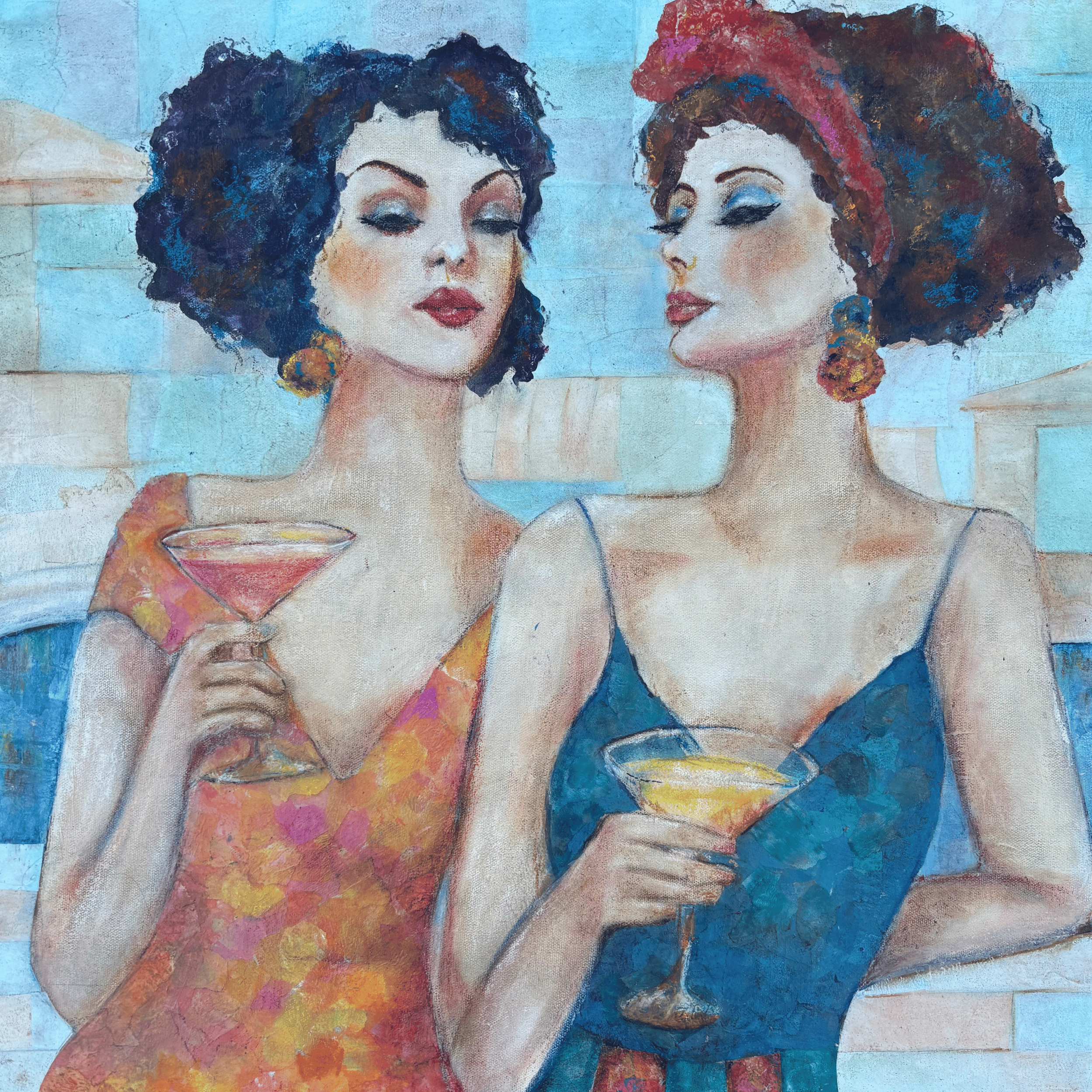 Two women stand by swimming pool holding martinis deep in conversation