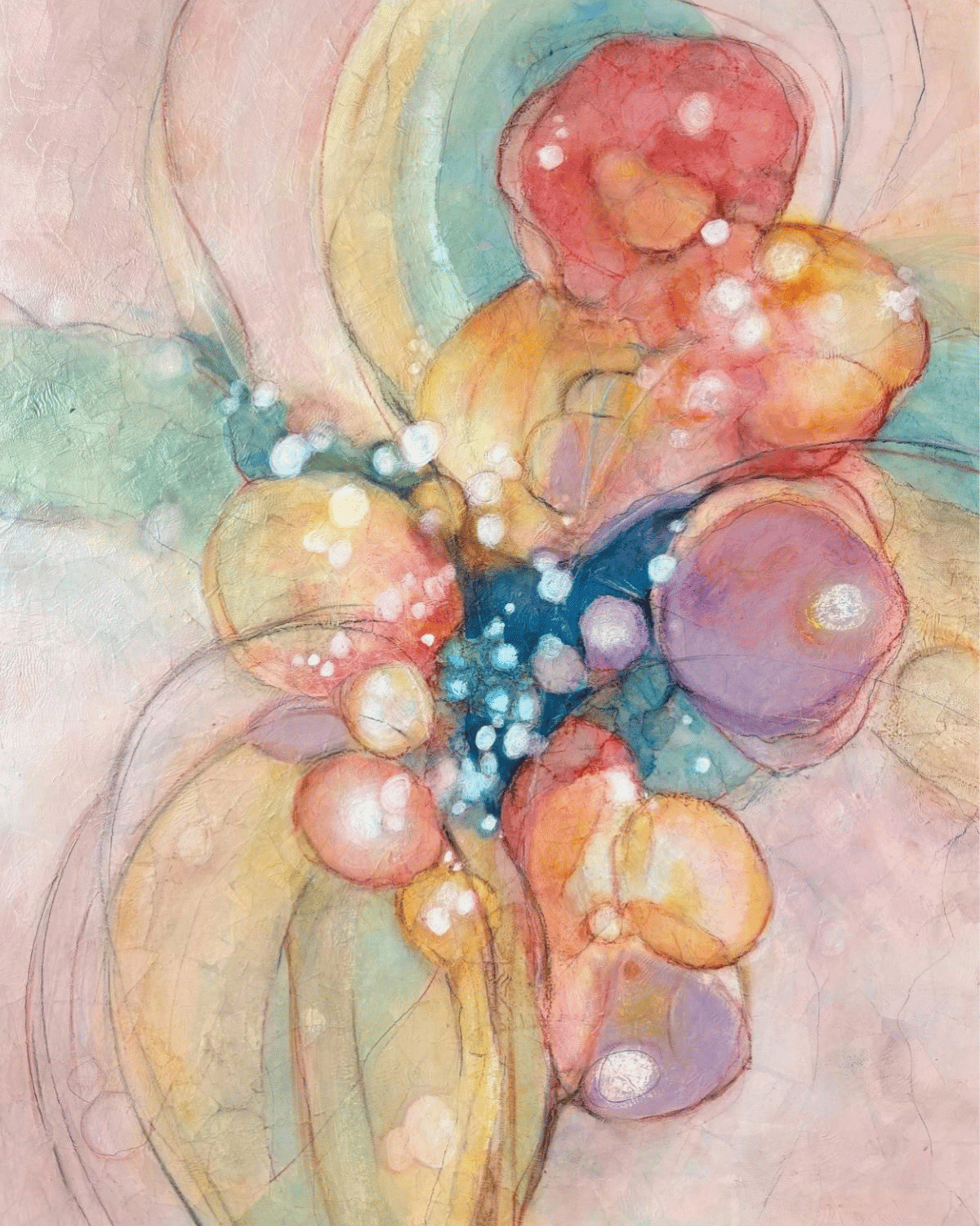 abstract painting pinks, blue gold, organic forms, calm
