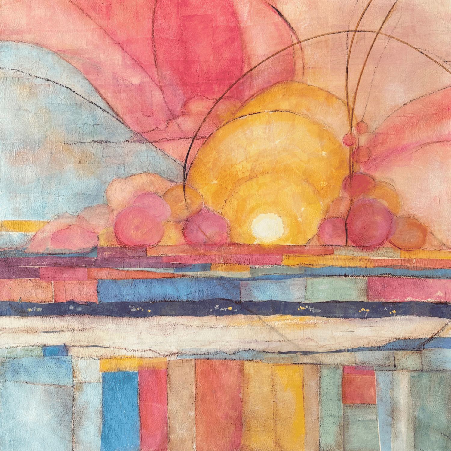 blazing sun with swirling pink and blue sky land below made with horizontal and vertical geometric shapes