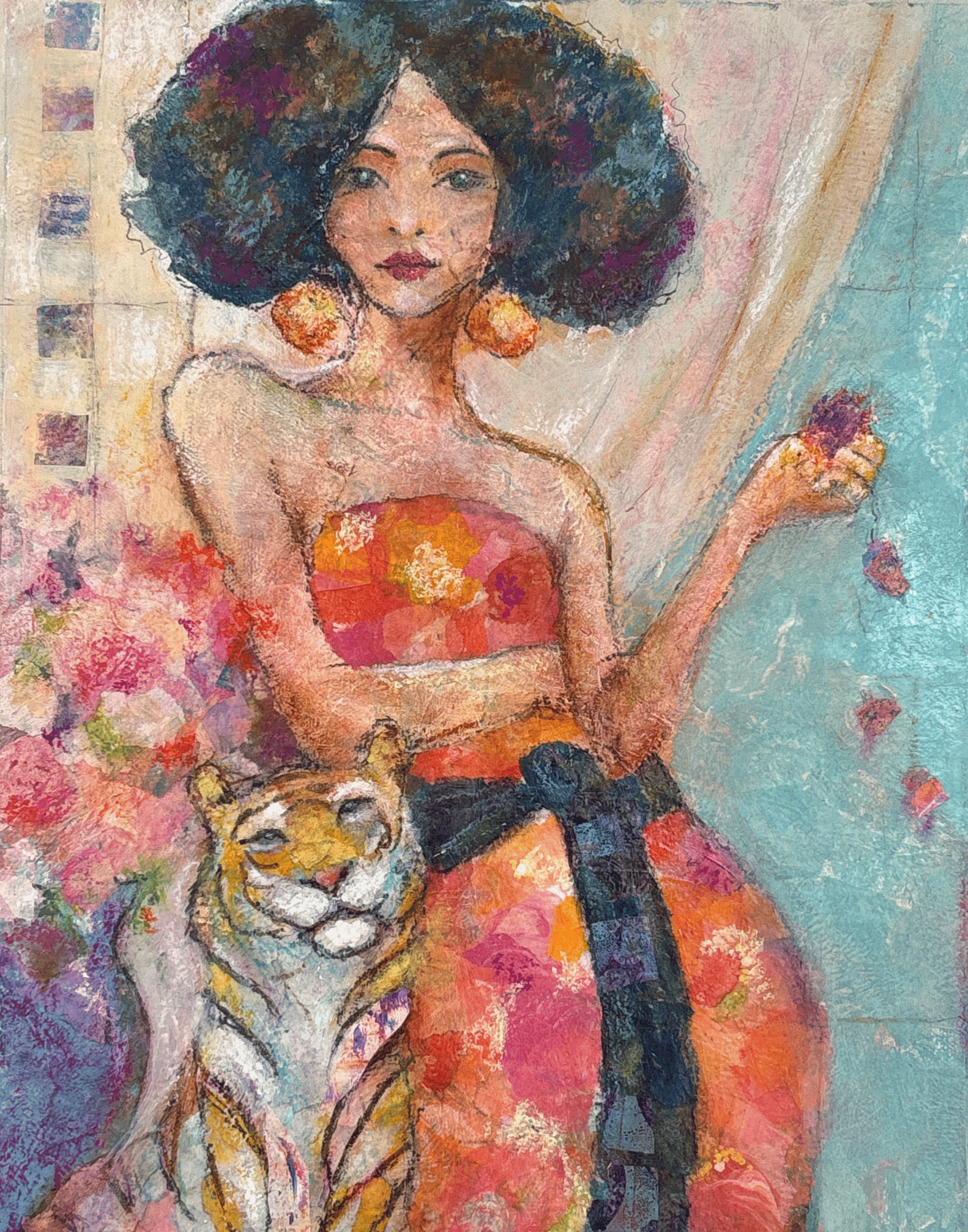 woman standing with tiger floral dress