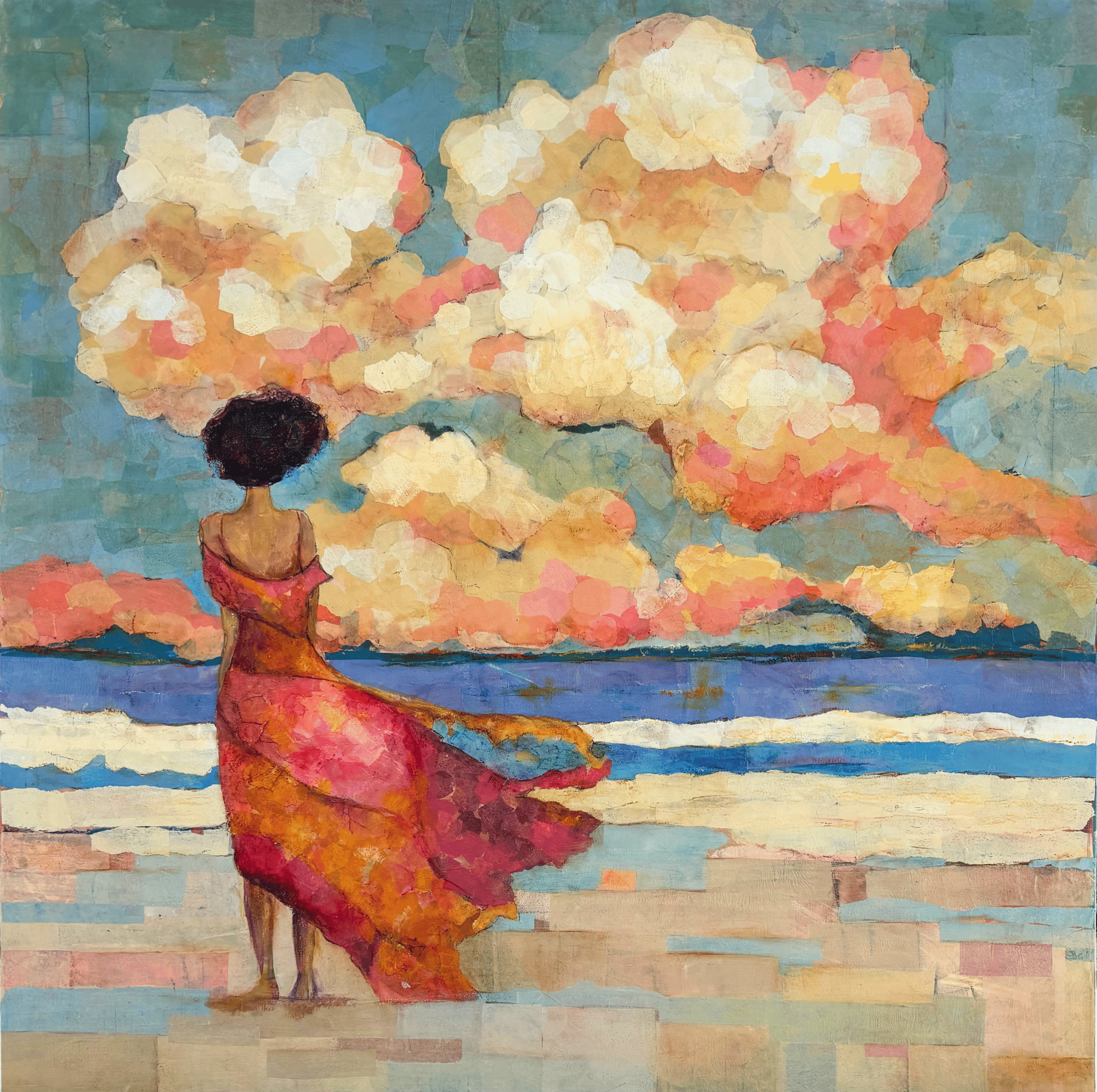 a woman in red flowing dress stands on the shore with billowing clouds