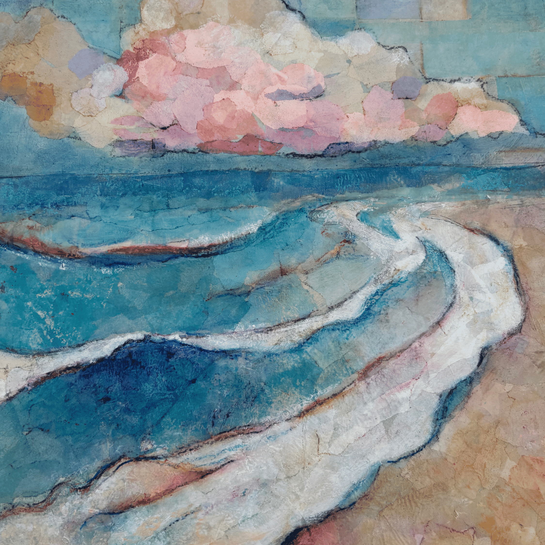 waves crashing onto beach pink clouds