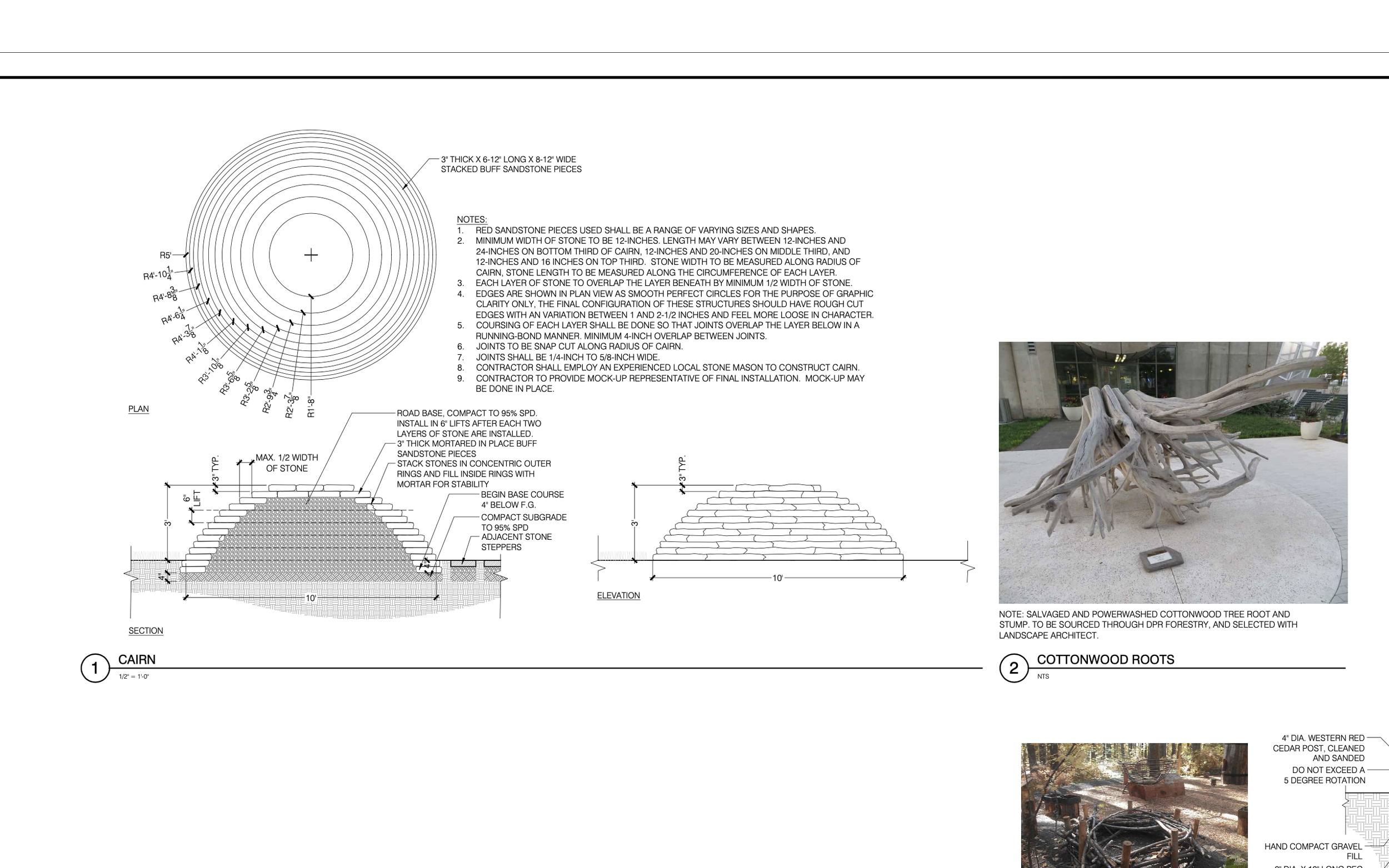 Blueprint drawing of a cairn sculpture with detailed notes on construction, a photograph of a driftwood sculpture called Cottonwood Roots, and an image of a fire pit with logs in a wooded area.