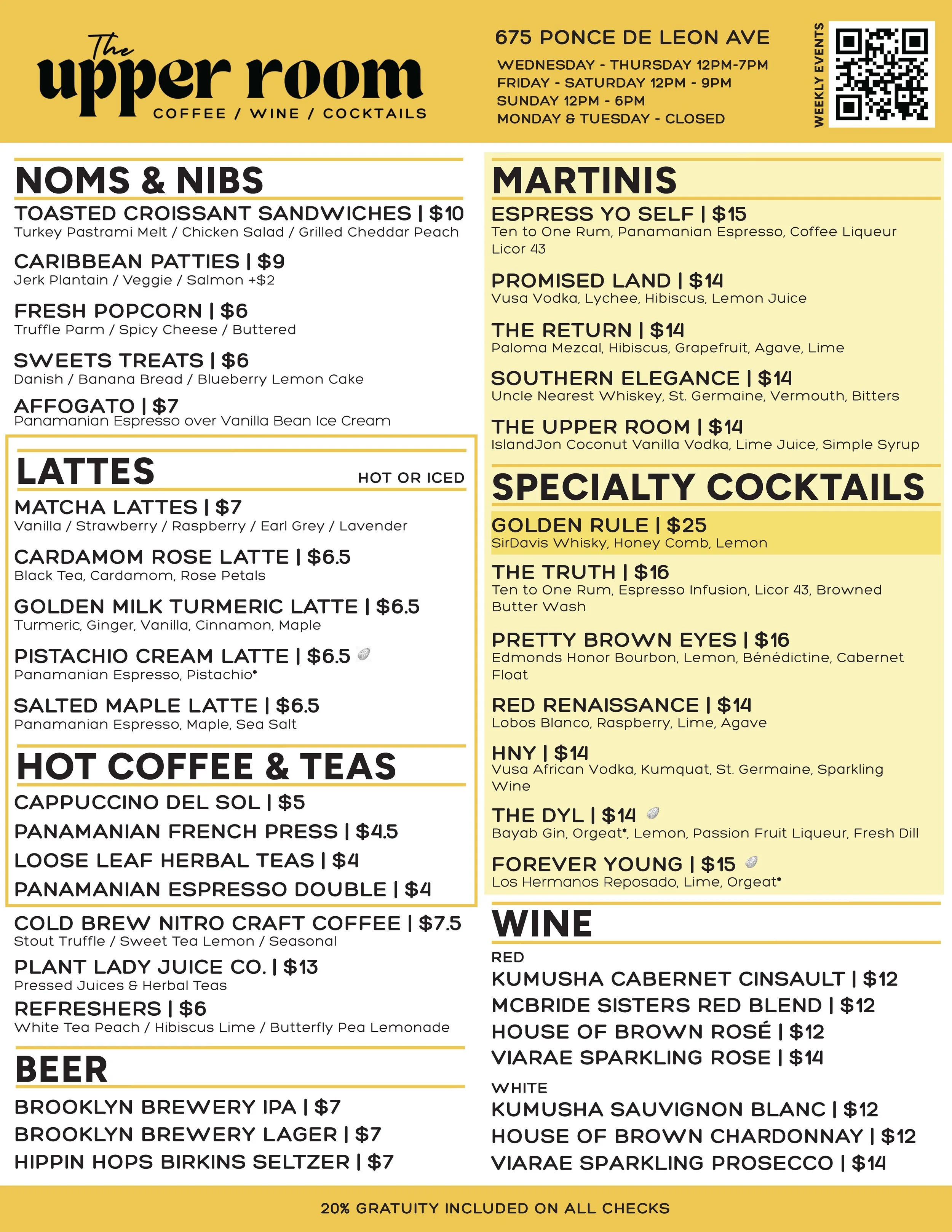 Menu board for The Upper Room, a coffee and cocktails bar, listing food and drink options including sandwiches, patties, popcorn, sweets, various lattes, coffee, tea, beer, cocktails, wines, and their operating hours at 675 Ponce De Leon Ave.