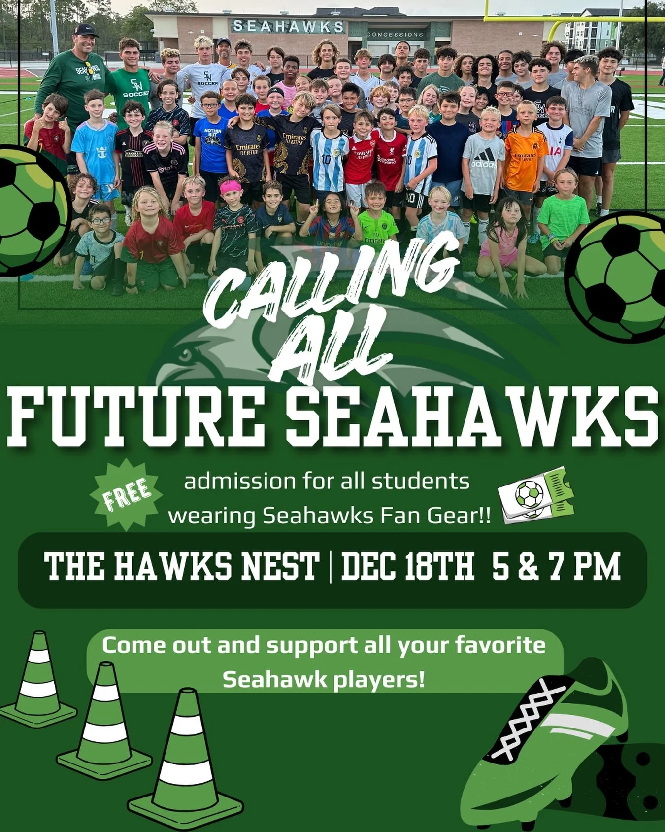 One week until Future Seahawks night at The Hawks Nest featuring all the Seahawks Soccer Summer Camp coaches you know and love! Put on your Seahawks gear and get into the game for FREE! #swhs #seahawkssoccer #emeraldcoastmiddleschool #dunelakeselemen
